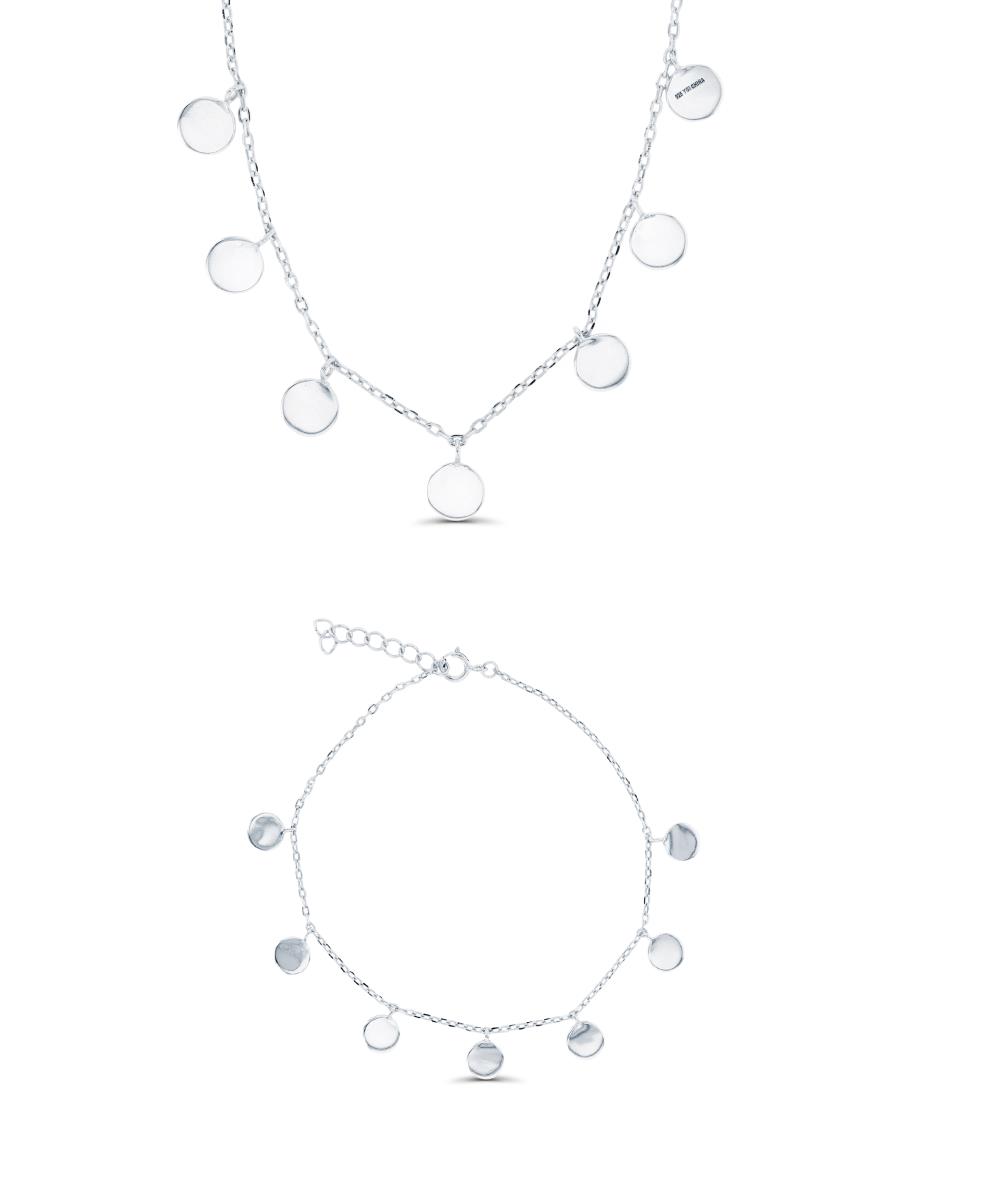 Sterling Silver Rhodium 6mm Dangling Polished Circles 16"+2" Necklace & 7"+1" Bracelet Set