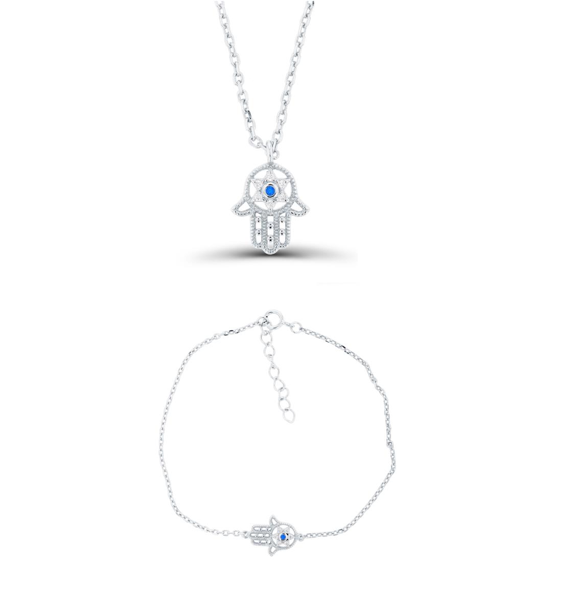 Sterling Silver Rhodium #113 Spinel & White CZ Milgrain Hamsa Bracelet/Necklace Set