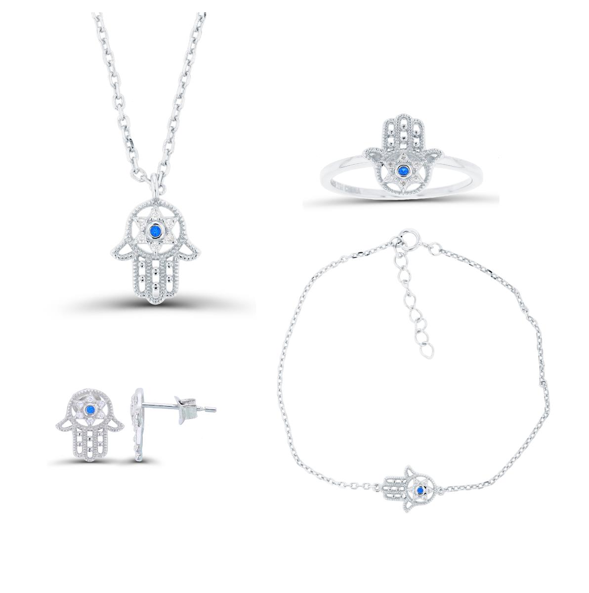 Sterling Silver Rhodium #113 Spinel & White CZ Milgrain Hamsa Earring/Ring/Bracelet/Necklace Set