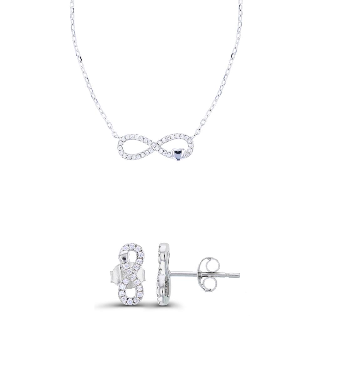 Sterling Silver Rhodium Polished Heart Paved Infinity 16"+2" Necklace & Earring Set