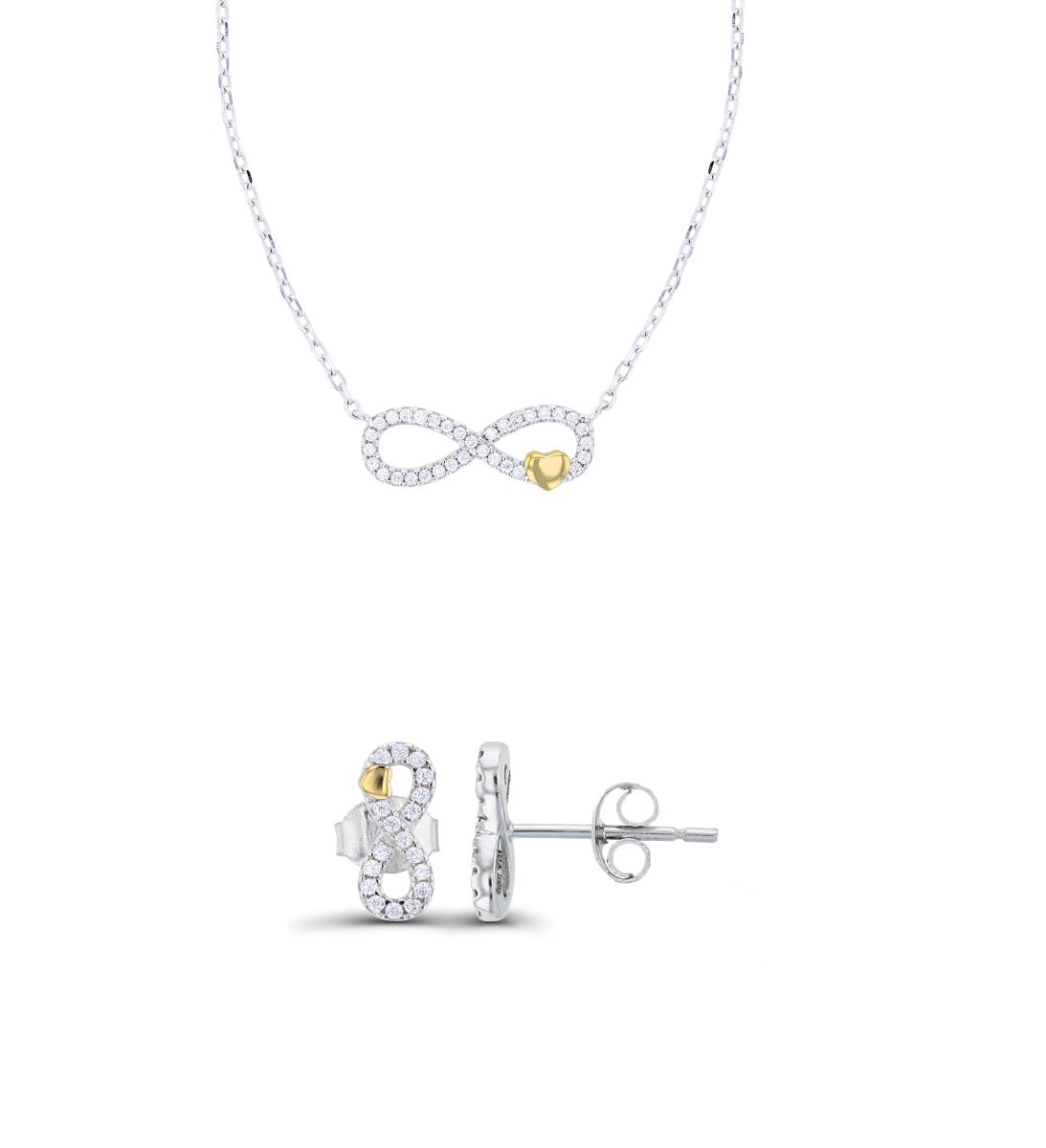 Sterling Silver Yellow & Rhodium Polished Heart Paved Infinity 16"+2" Necklace & Earring Set