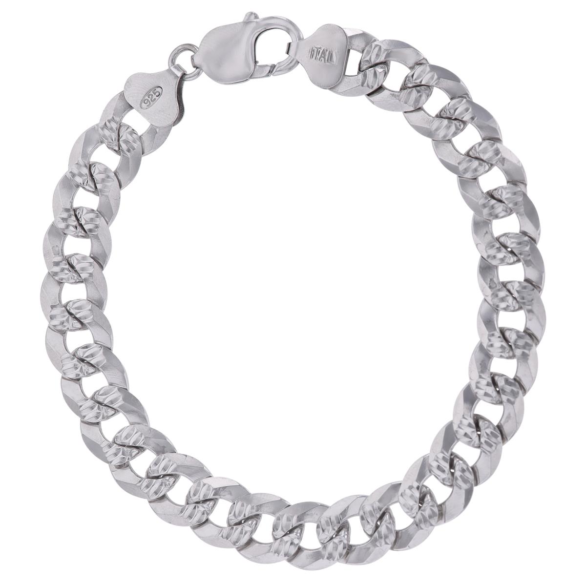 Sterling Silver Rhodium DC 10.6mm 300 Curb Pave 9" Chain Bracelet