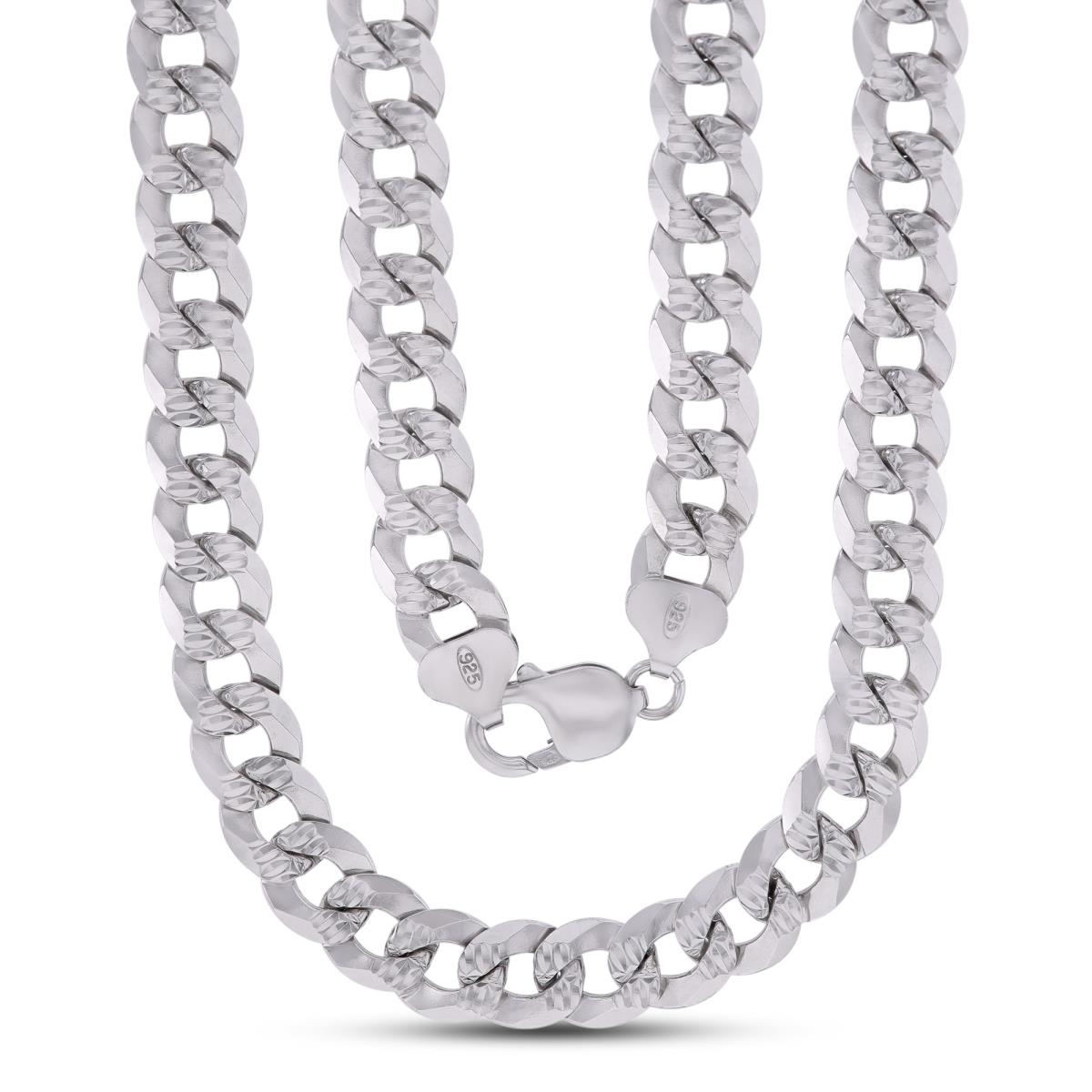 Sterling Silver Rhodium DC 10.6mm 300 Curb Pave 28" Chain