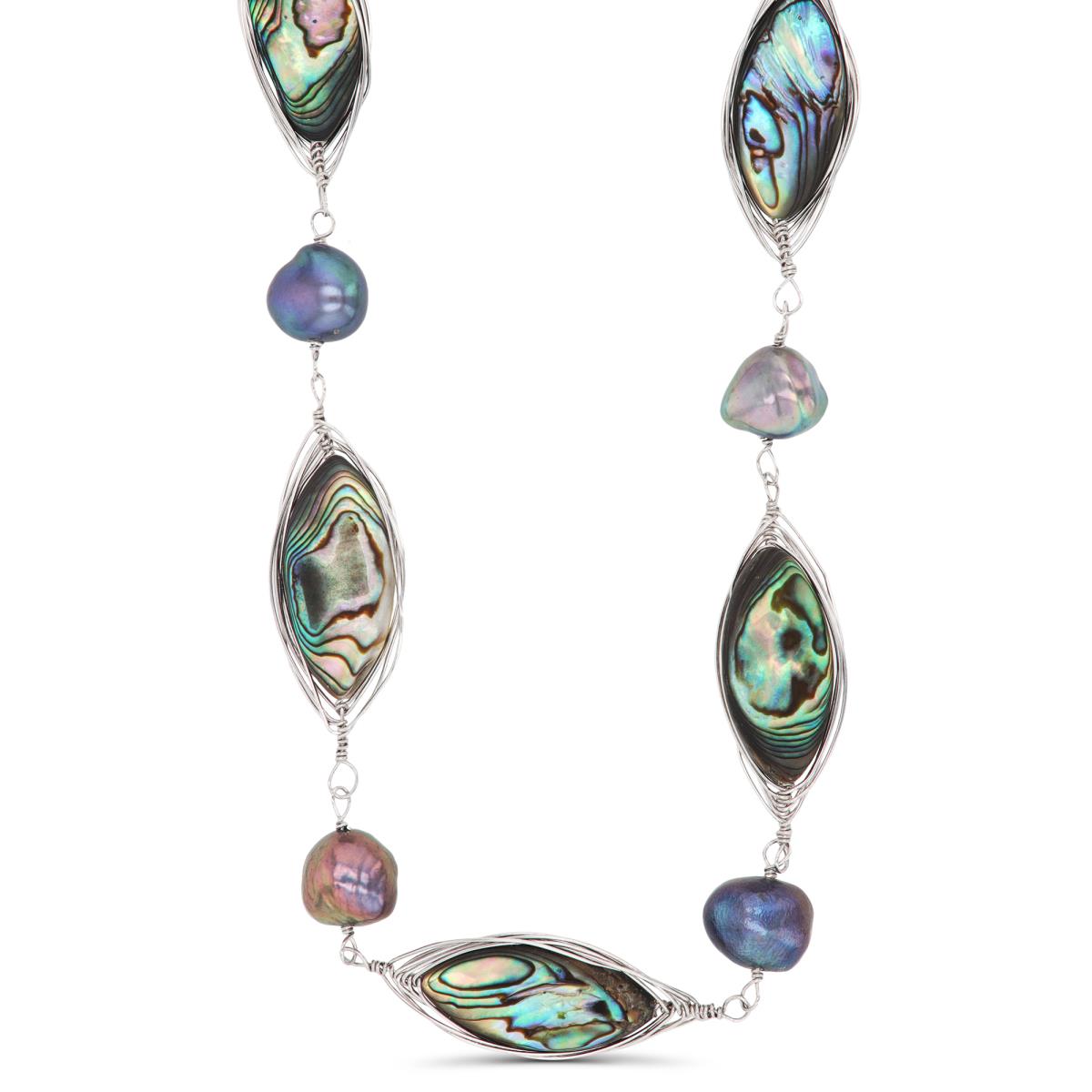 Sterling Silver Rhodium Abalone Marquise & Dyed Baroque FWPs 18"+2" Necklace