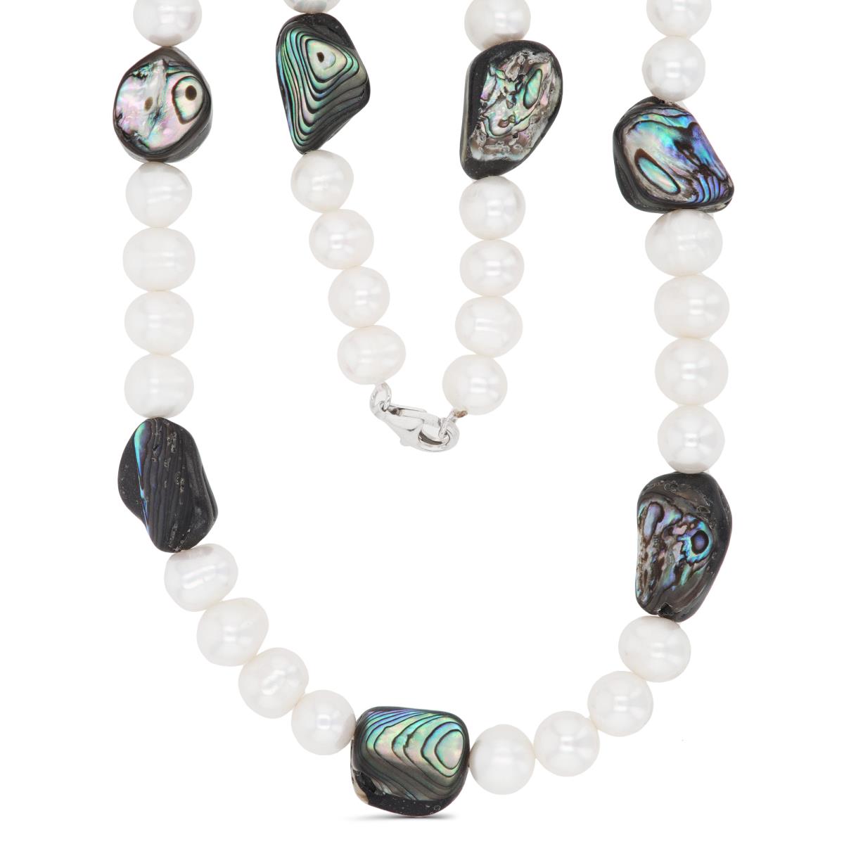 Sterling Silver Rhodium 8-9mm FWPs & Abalone Beads 24" Necklace