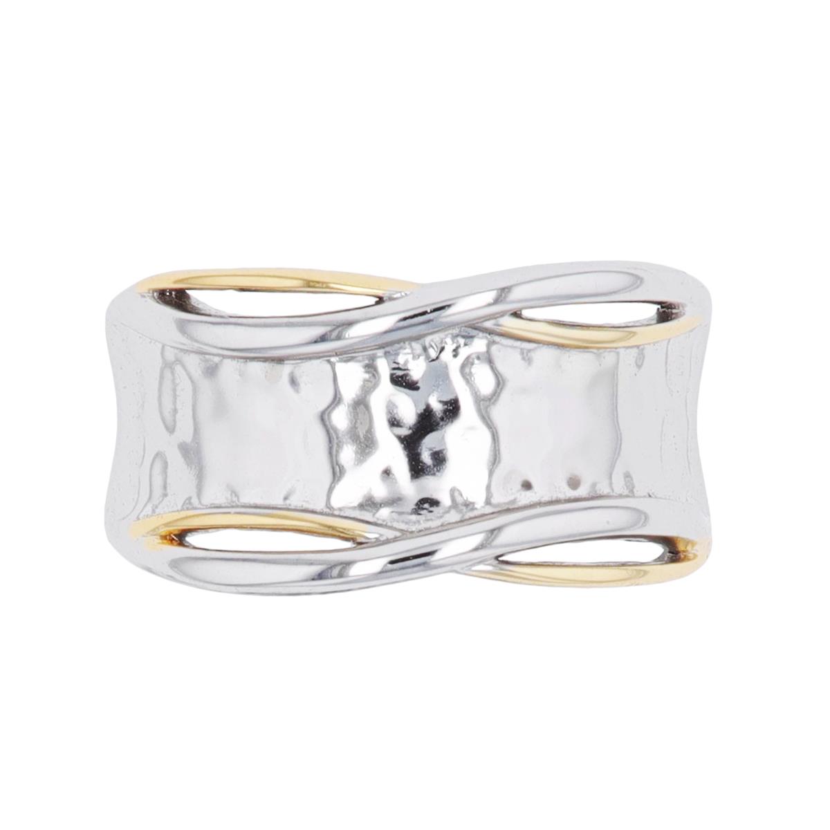 Sterling Silver Yellow & Rhodium Hammered Criss Cross Ring