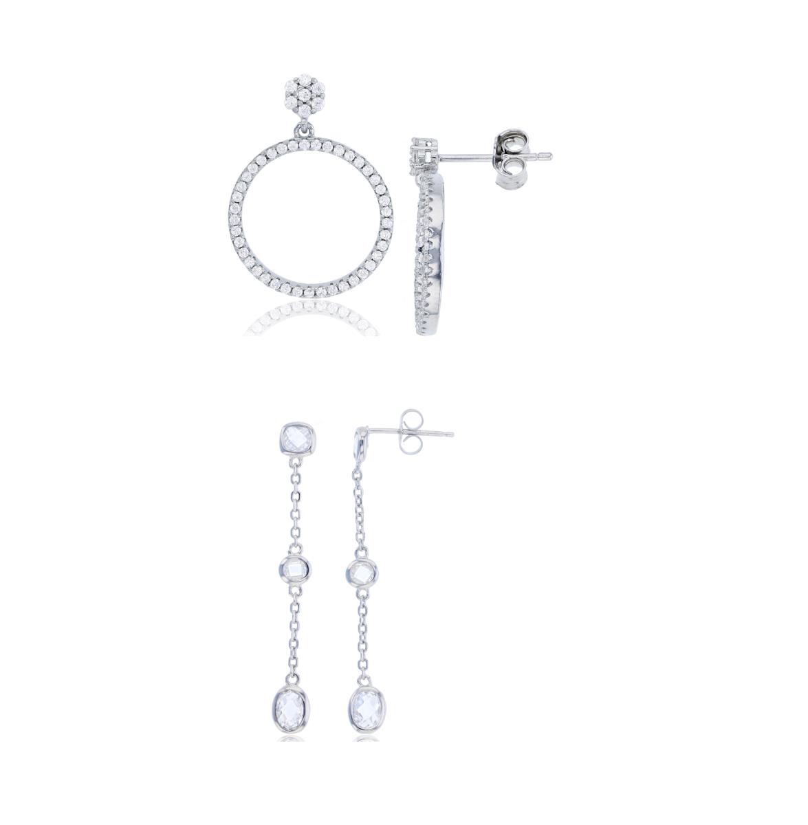 Sterling Silver Rhodium Micropave Cluster Open Circle & Rd/Oval/Cush Bezel Dangling Earring Set
