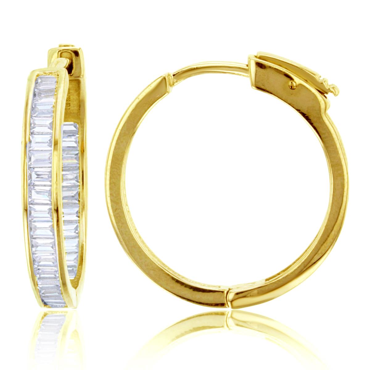 Sterling Silver Yellow 1-Micron 25X3mm Baguette CZ Channel Safety Lock Hoop Earring