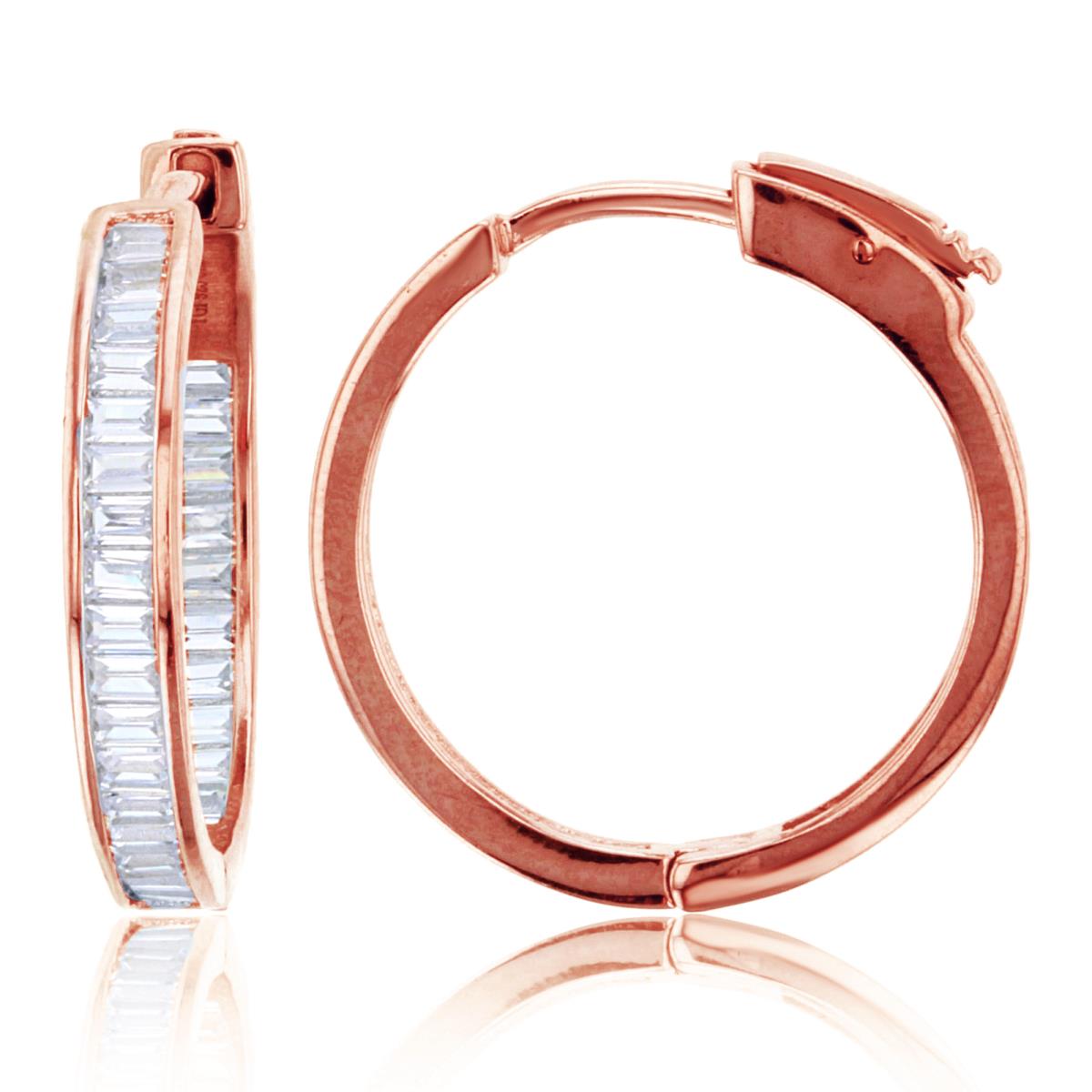 Sterling Silver Rose 1-Micron 25X3mm Baguette CZ Channel Safety Lock Hoop Earring