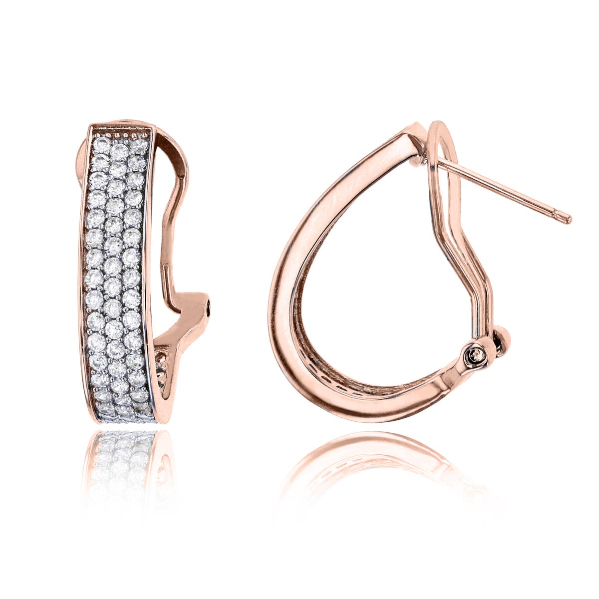 Sterling Silver Rose 1-Micron Micropave 3-Row Omega-Back Hoop Earring
