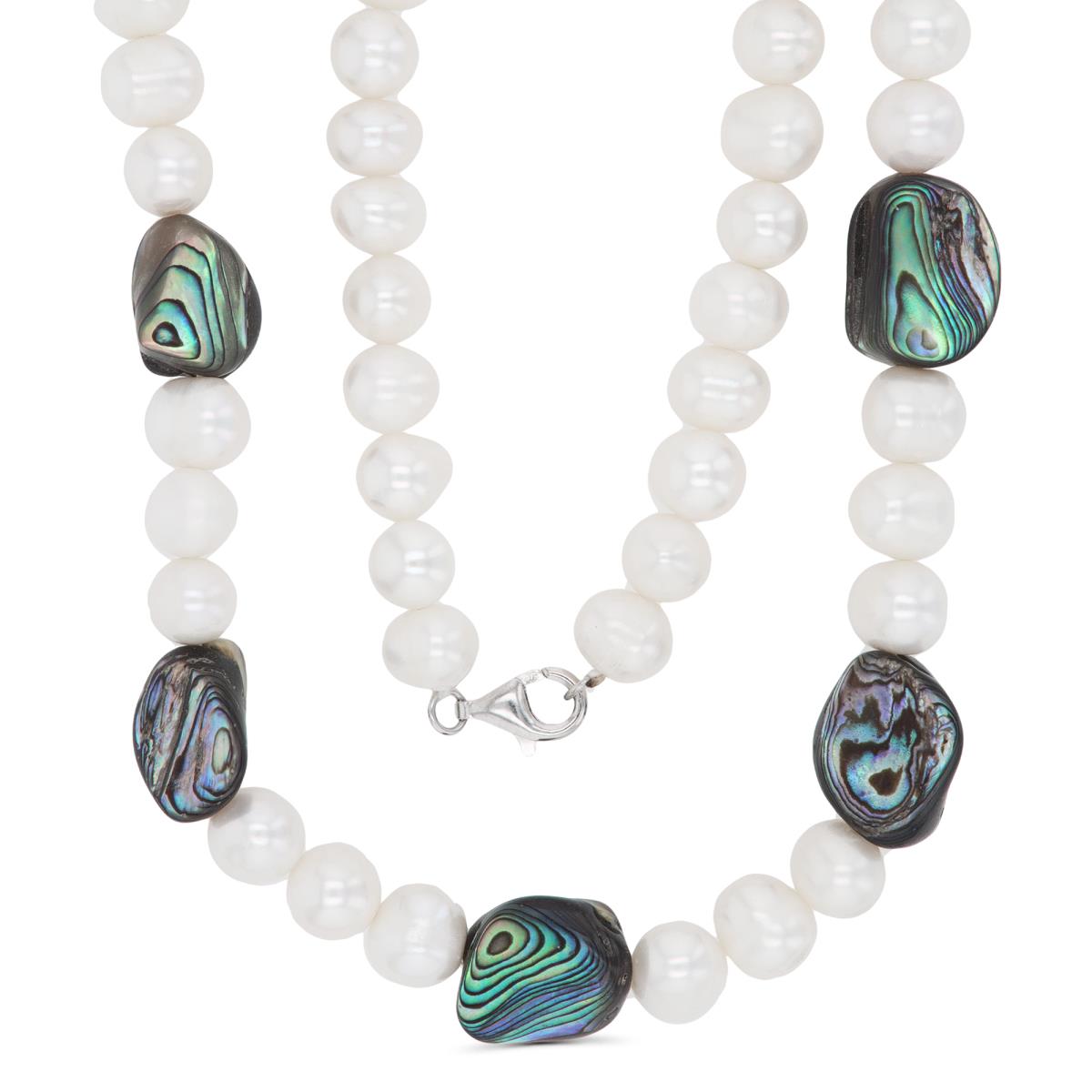 Sterling Silver Rhodium 7-8mm FWPs & Abalone Beads 24" Necklace