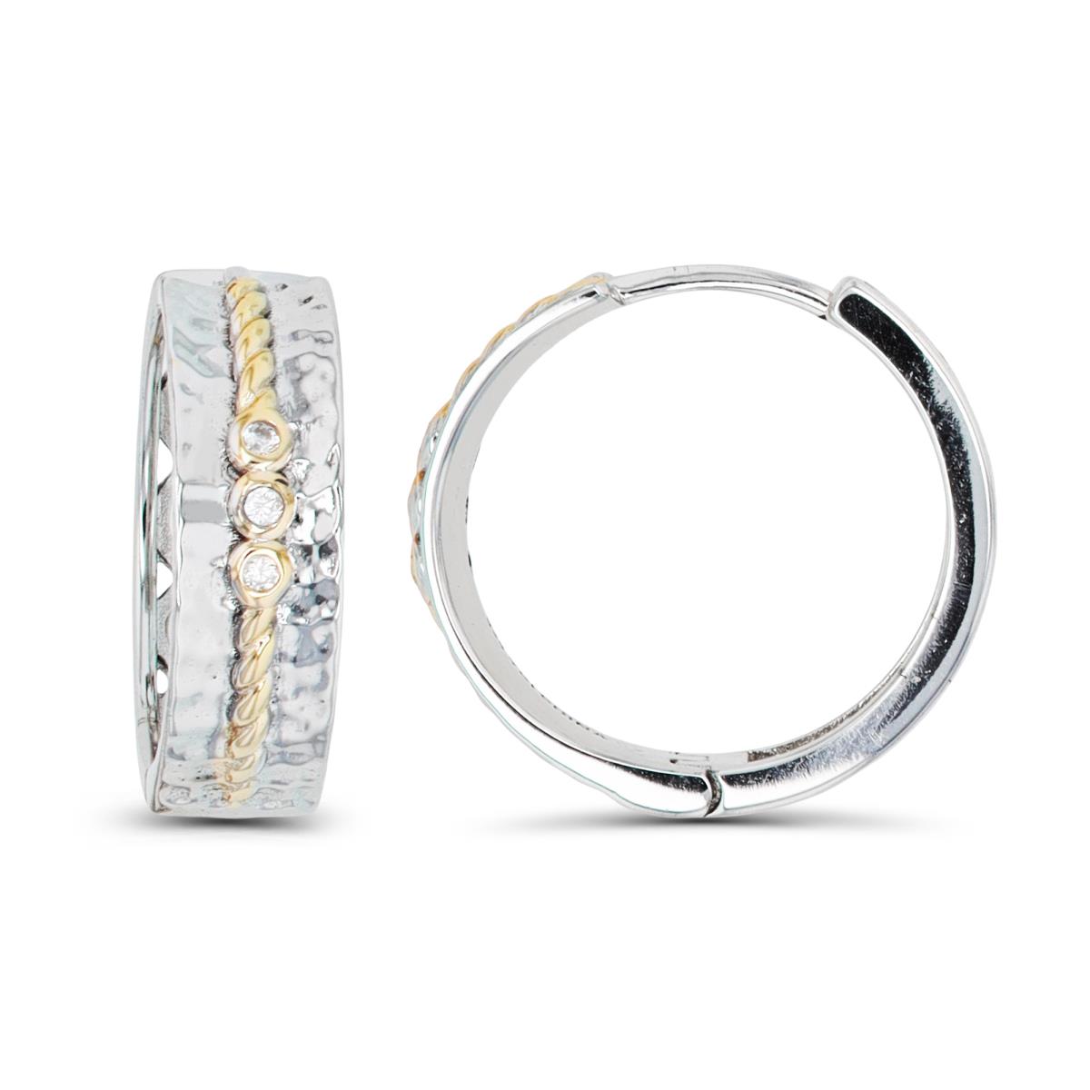 Sterling Silver Rhodium & Yellow Hammered Rope Center Hoop Earring
