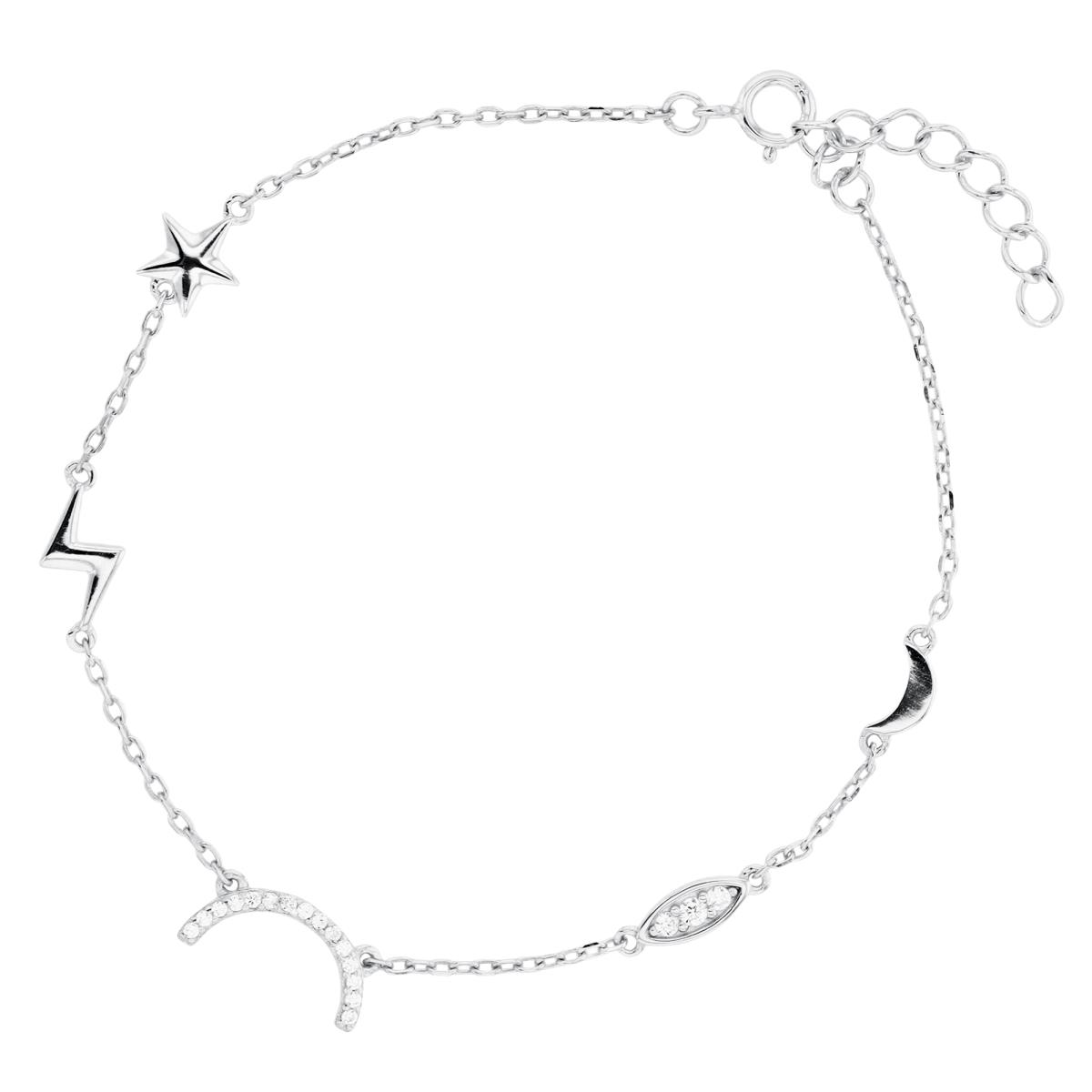 Sterling Silver Rhodium Assorted Polisehd & CZ 9"+1" Anklet