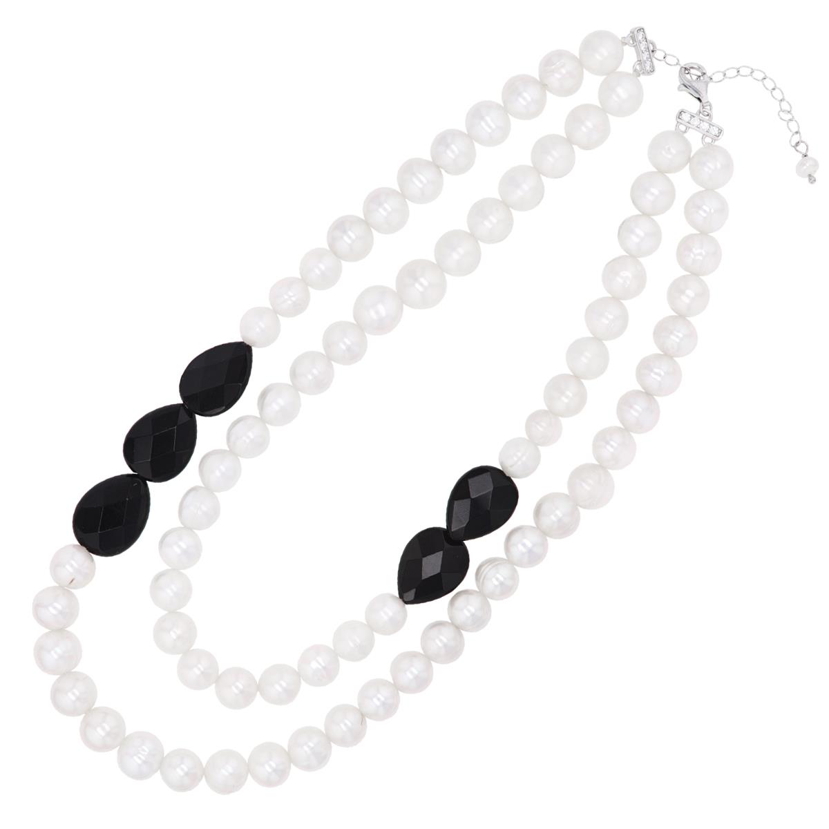 Sterling Silver Rhodium 9-10mm FWPs & 25x18mm Pear Onyx 2-Layered 18"+2"/22"+2" Necklace