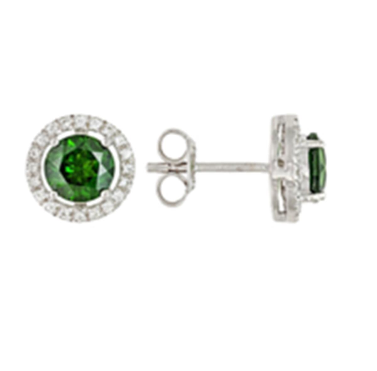 Sterling Silver Rhodium 6mm Chrome Diopside & White Zircon Halo Stud Earring