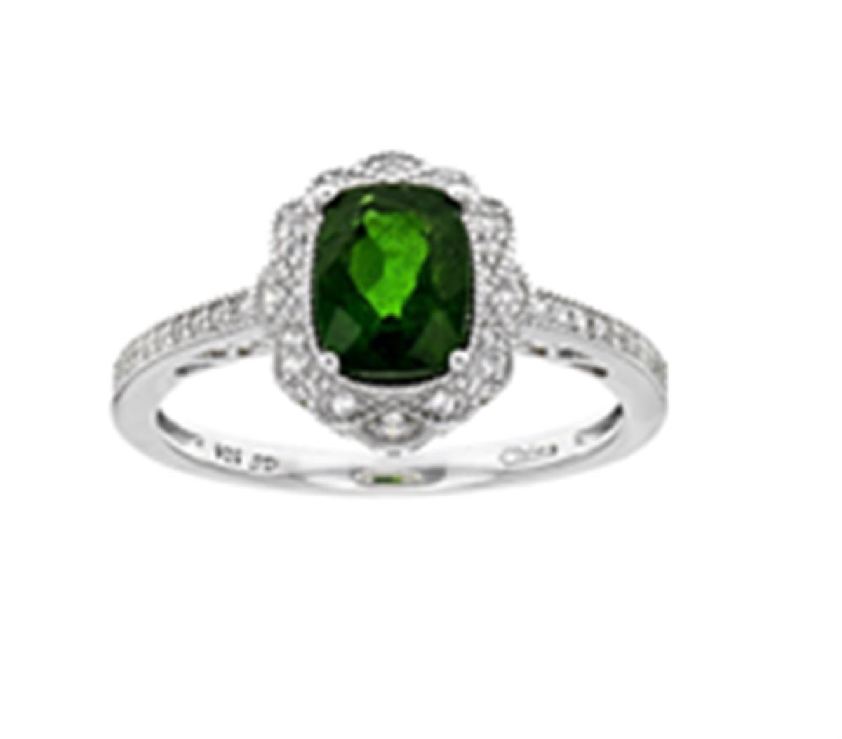 Sterling Silver Rhodium 8x6mm Cushion Chrome Diopside & White Zircon Sides Ring