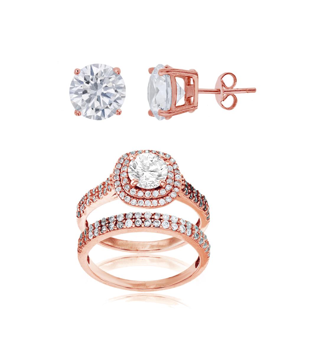 Sterling Silver Rose 6mm Rnd Double Halo Micropave Duo Rings & 8mm Rd Solitaire Stud Earring Set