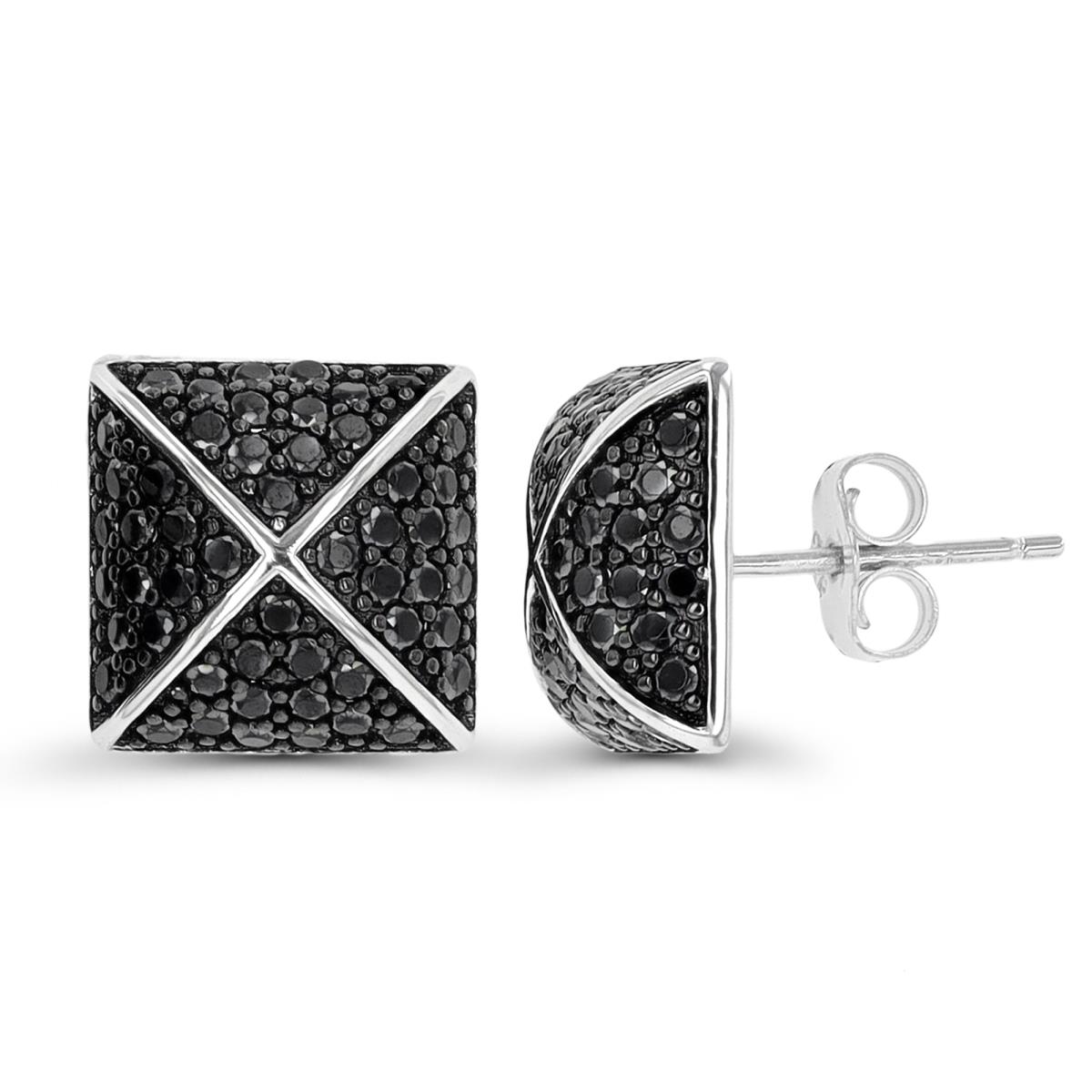 Sterling Silver Rhodium & Black Paved Black Spinel Square Domed Stud Earring
