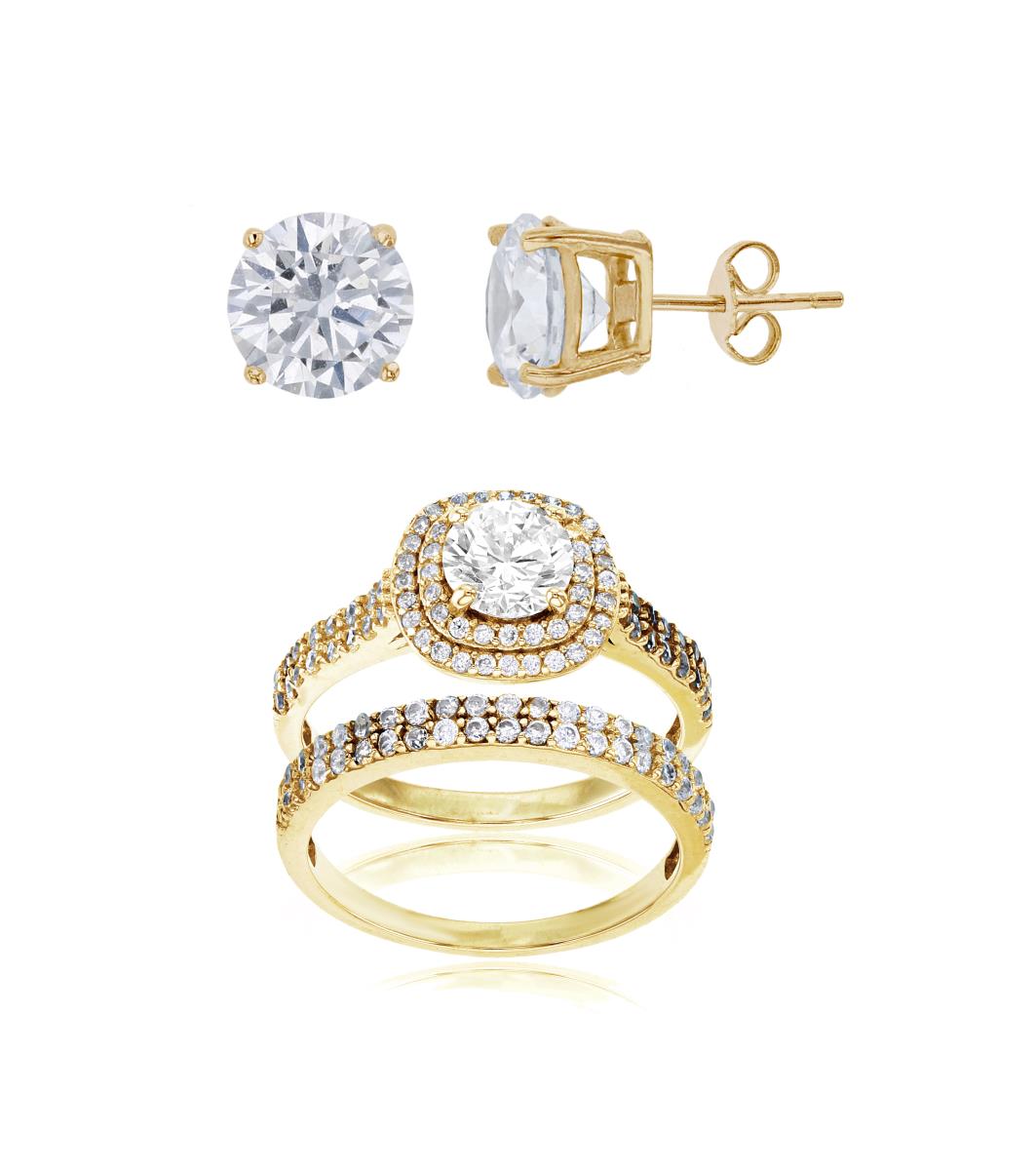 Sterling Silver Yellow 1-Micron 6mm Rnd Double Halo Micropave Duo Rings & 8mm Rd Solitaire Stud Earring Set