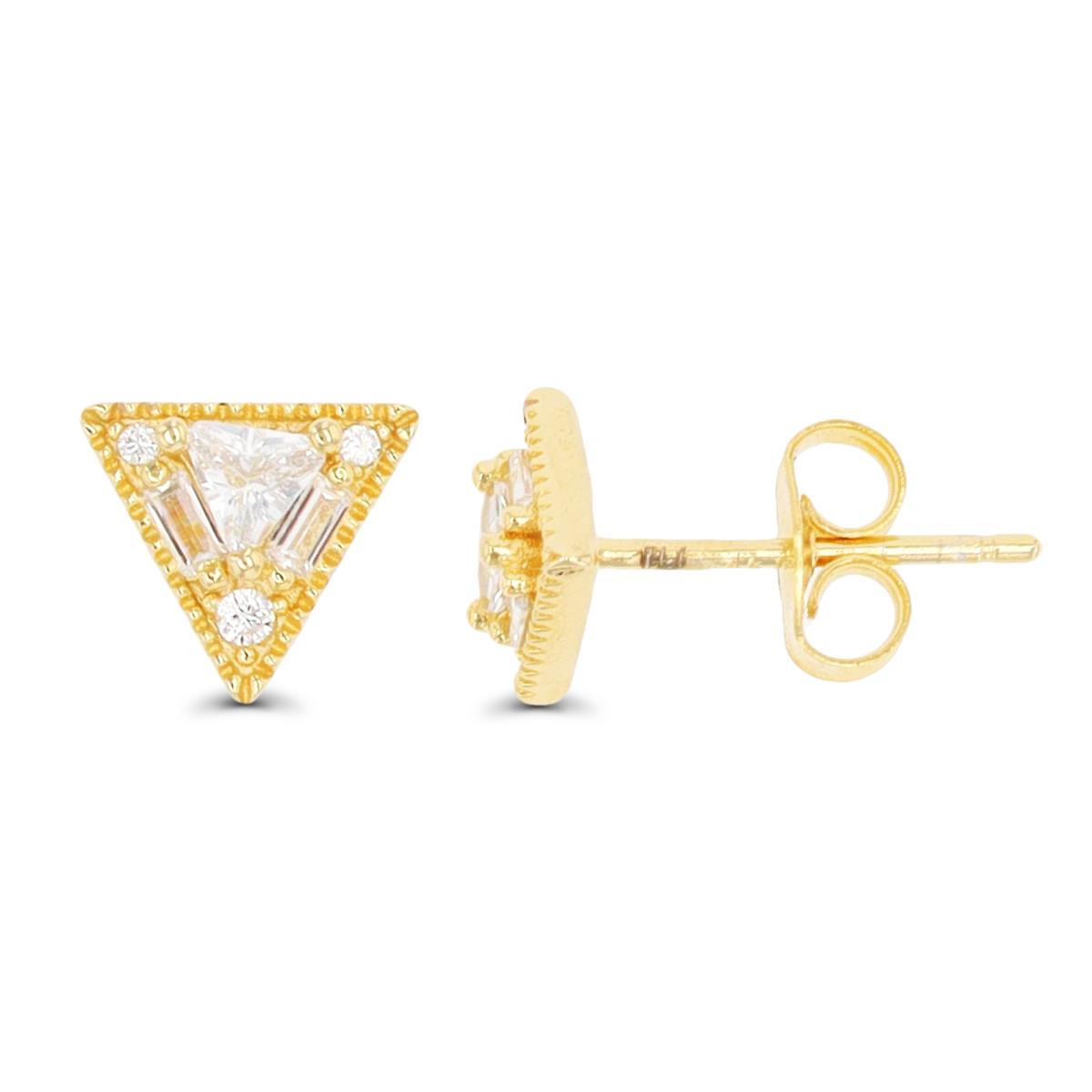 Sterling Silver Yellow Tr/Bgt/Rd CZ Triangle Stud Earring