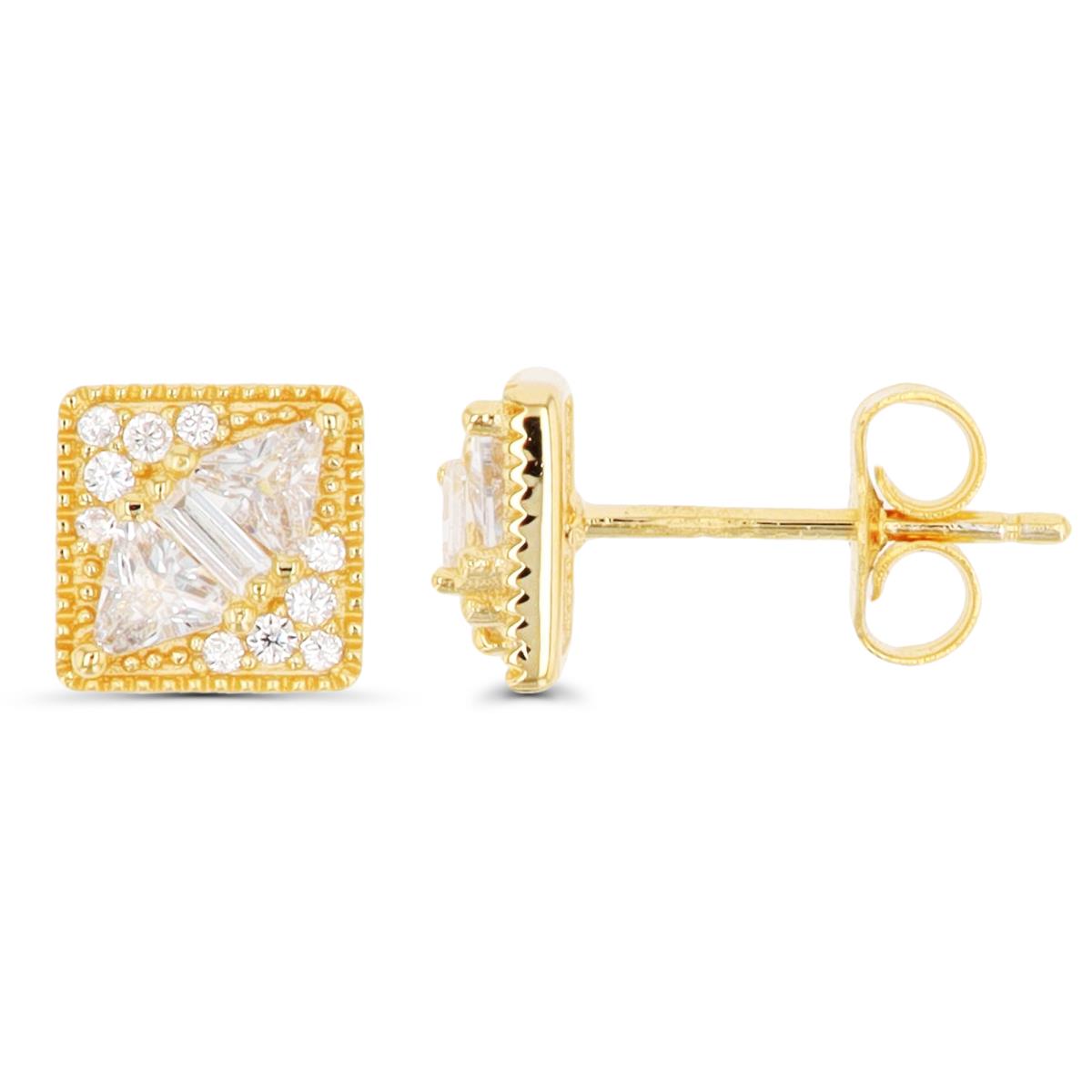 Sterling Silver Yellow Tr/Bgt/Rd CZ Square Stud Earring