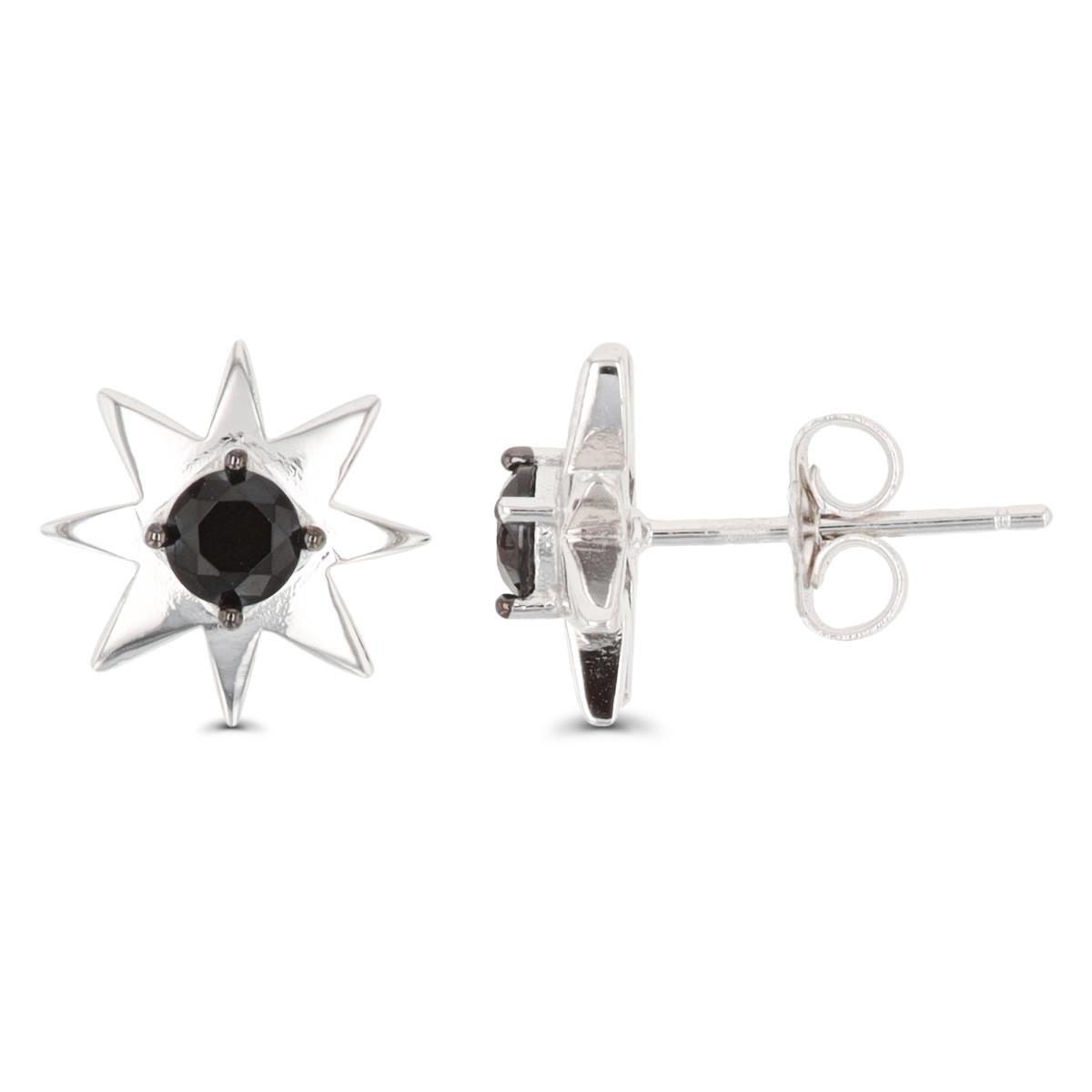 Sterling Silver Rhodium 4mm Rd Black Spinel Polished Sun Stud Earring