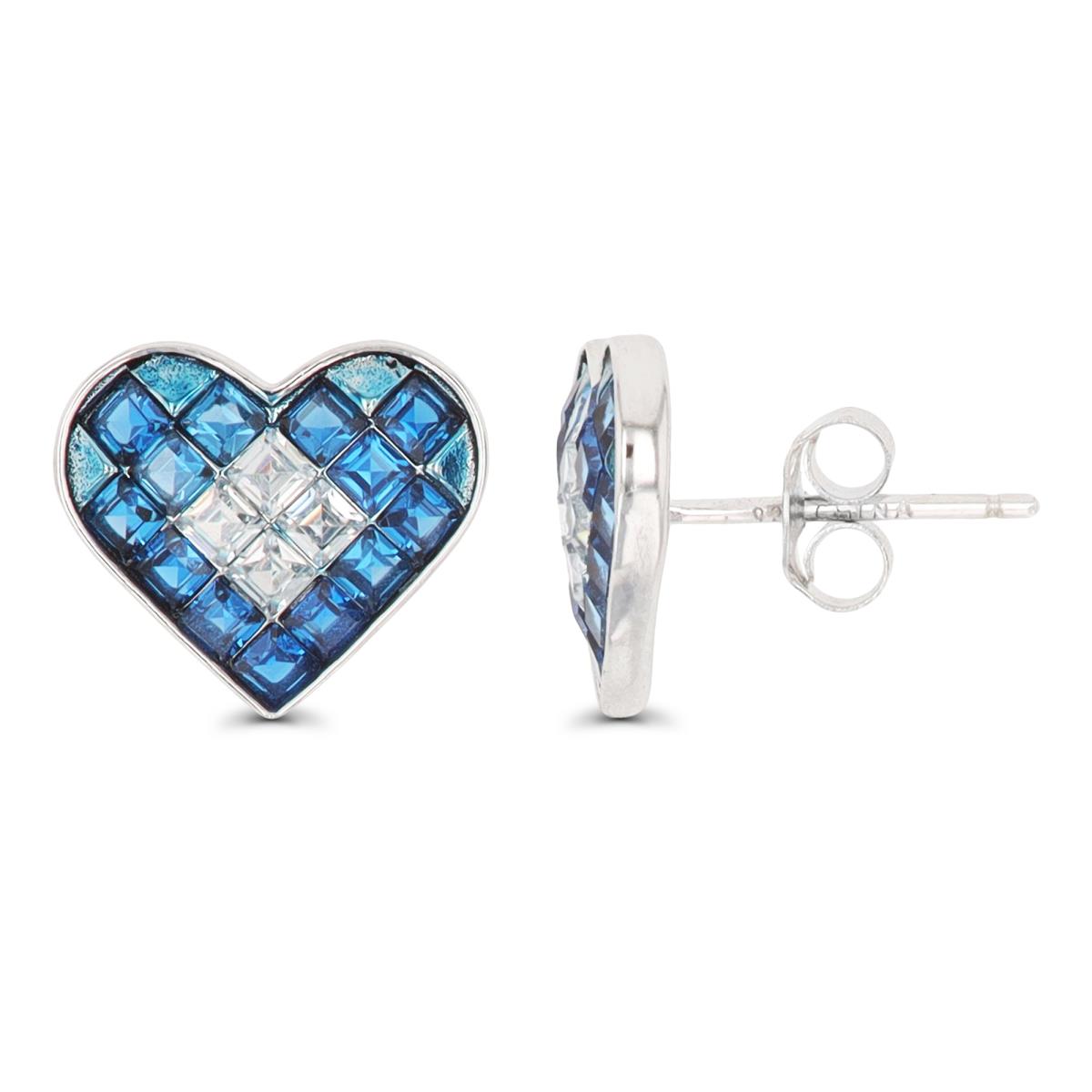 Sterling Silver Rhodium Square #113 Blue Spinel & White CZ Heart Stud Earring