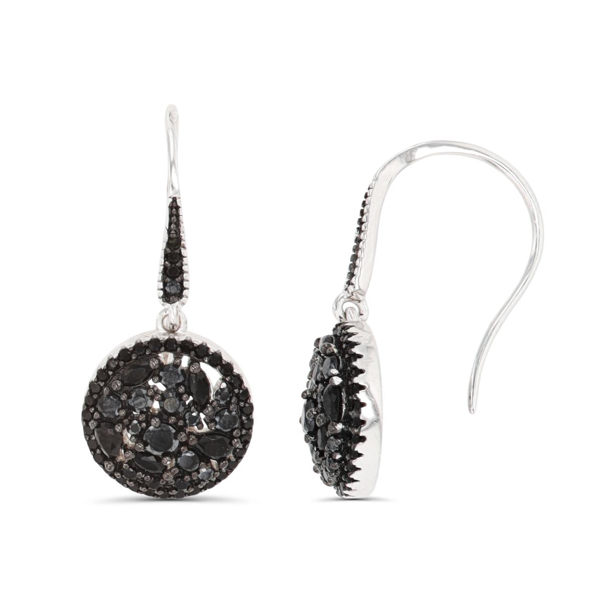 Sterling Silver Rhodium & Black Multi Cut Black CZ Circle FishHook Earring