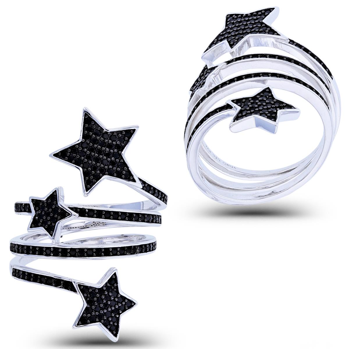Sterling Silver Two-Tone Rnd Black Spinel Stars Spiral Ring
