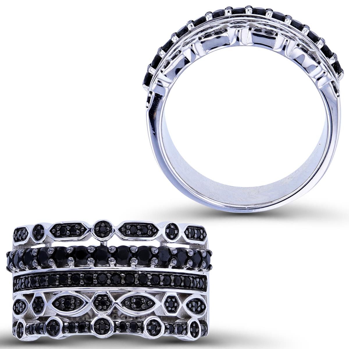 Sterling Silver Black & Rhodium Black Spinel Multi Row Geometric Fashion Ring