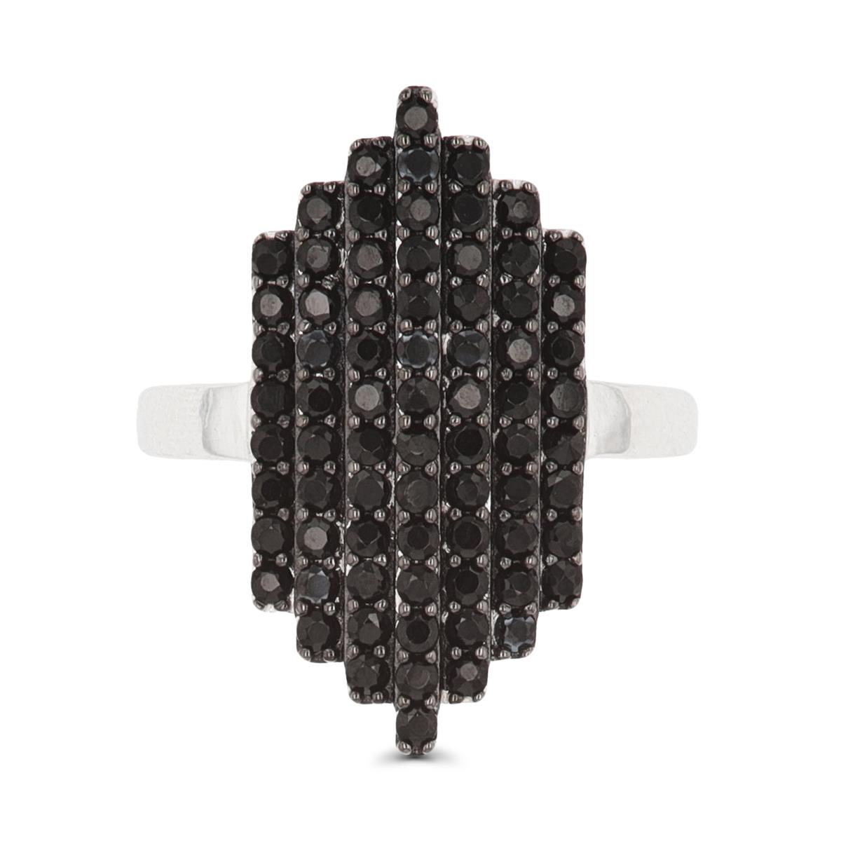 Sterling Silver Rhodium & Black Paved Black Spinel Multi Row Fashion Ring