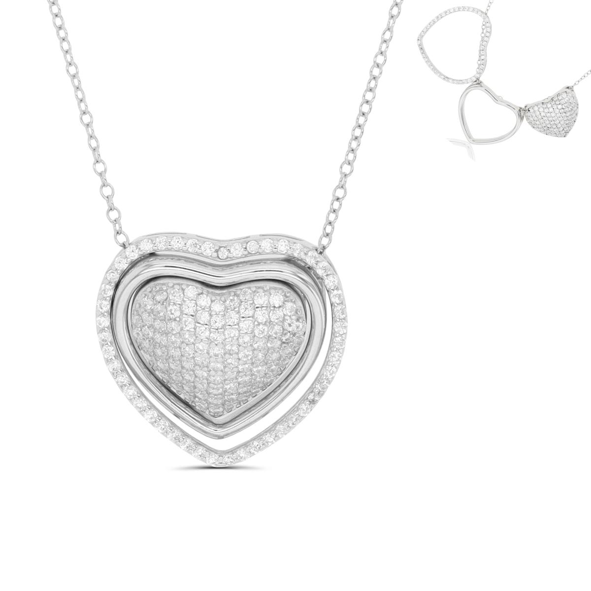 Sterling Silver Rhodium Pave Heart & Cutout 18"+2" Necklace
