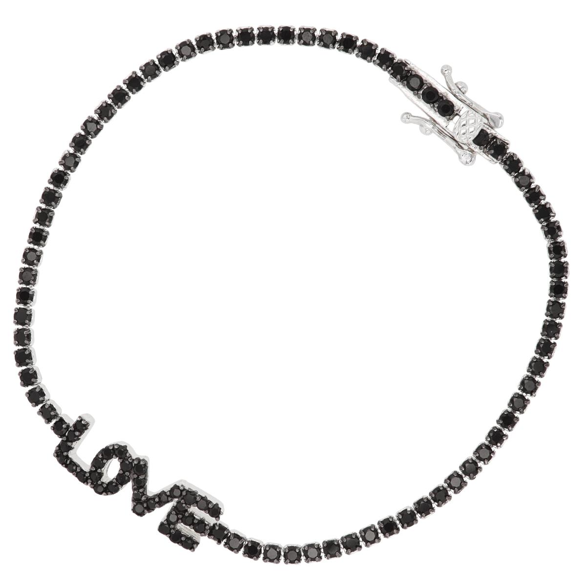Sterling Silver Rhodium & Black "LOVE" Black Spinel Tennis 7.25" Bracelet