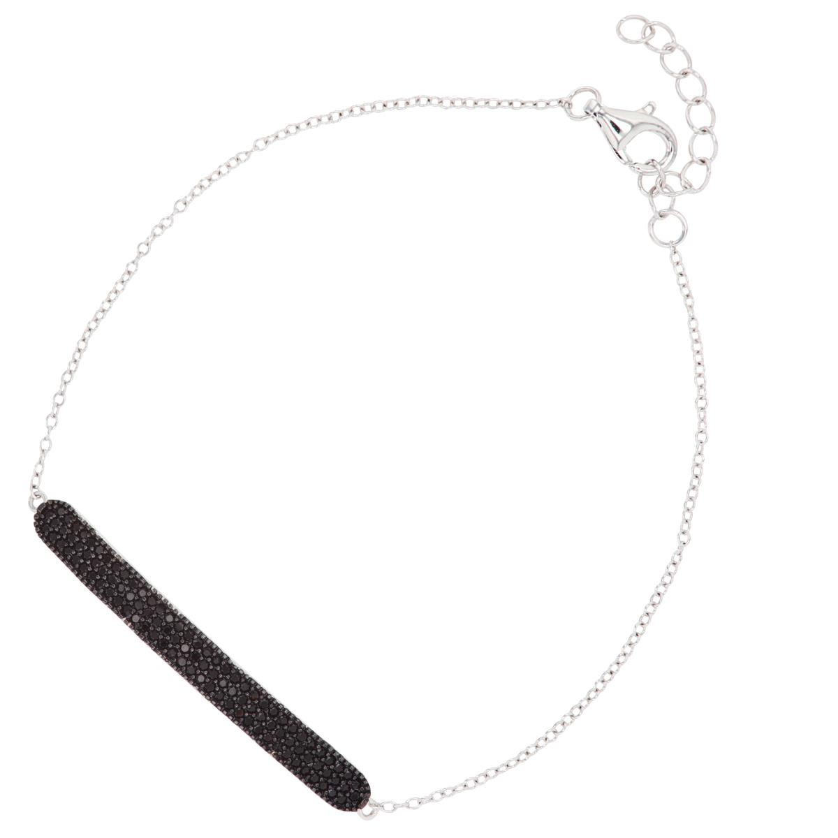 Sterling Silver Rhodium & Black Paved Black CZ Bar 7"+1" Bracelet