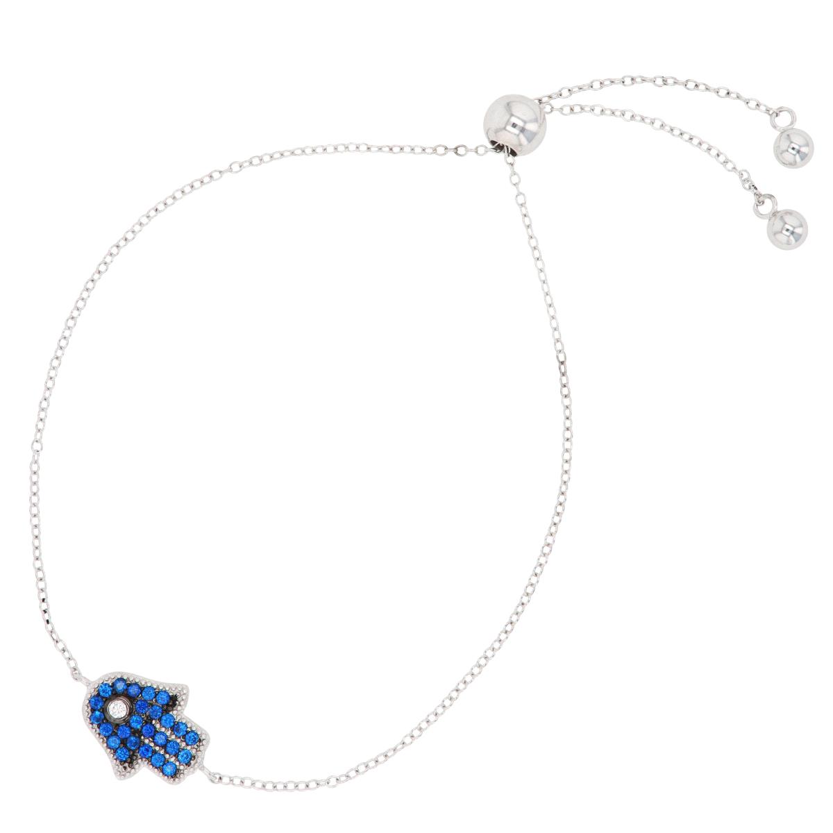 Sterling Silver Rhodium & Black #113 Blue Spinel/White CZ Hamsa Adjustable Bracelet