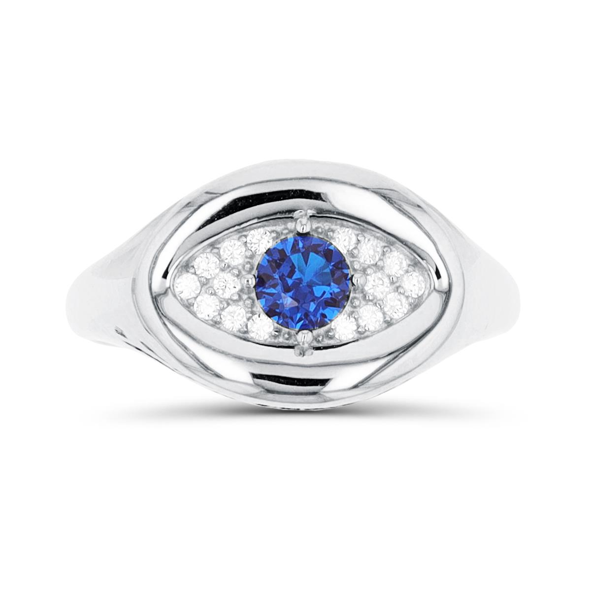 Sterling Silver Rhodium 11mm #113 Blue Spinel/White CZ Evil Eye Polished Fashion Ring