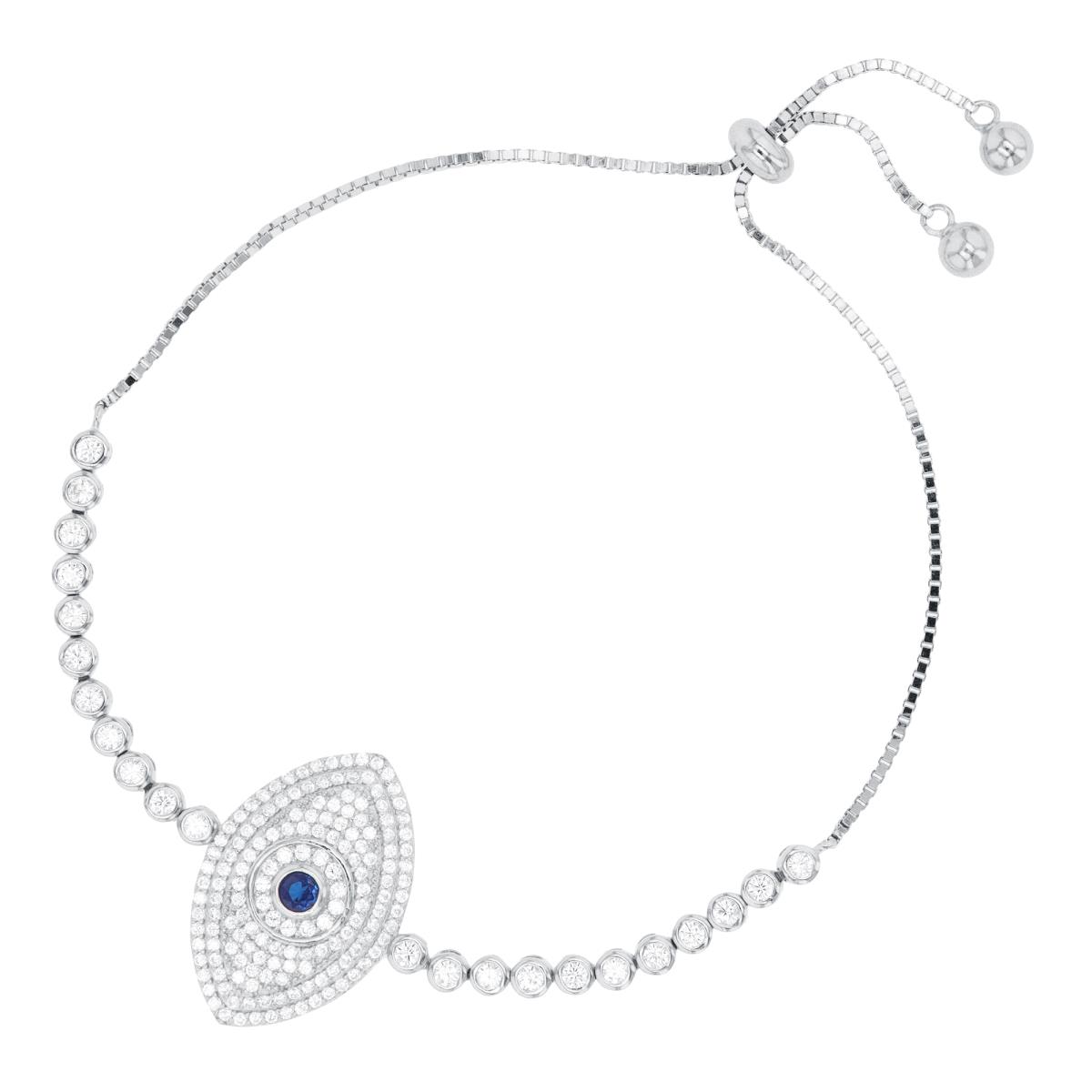 Sterling Silver Rhodium White CZ/#113 Blue Spinel Evil Eye Adjustable Bracelet