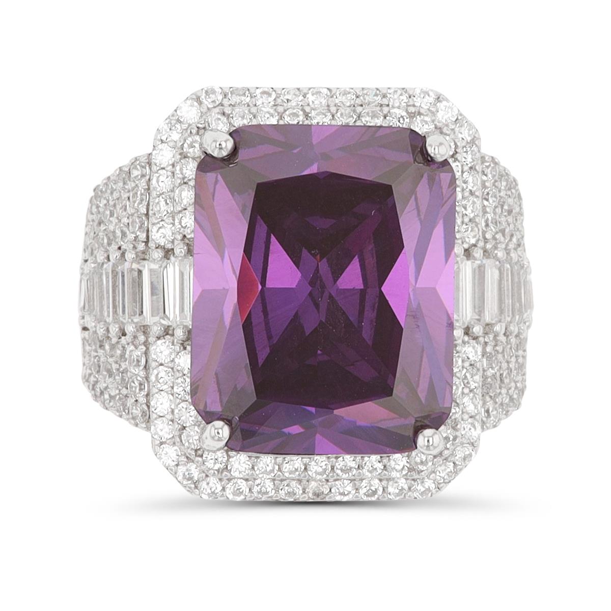 Sterling Silver Rhodium 15x12mm Amethyst Emerald Cut/ Rd & Baguette CZ Paved Ring