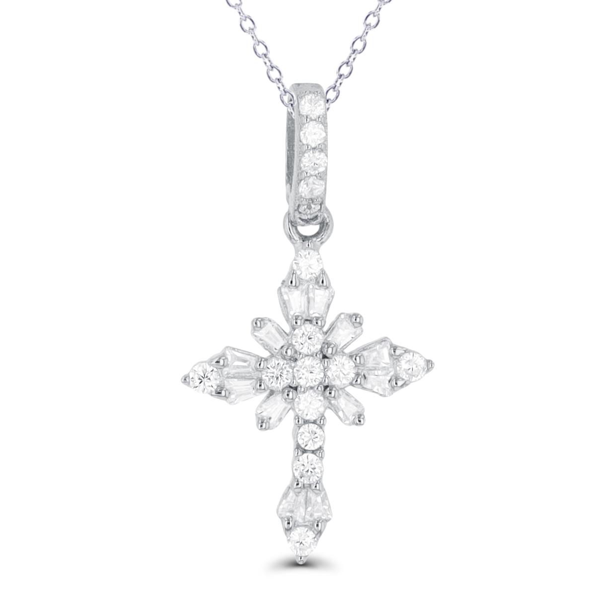 Sterling Silver Rhodium Round & Baguette CZ Cross 18" Necklace