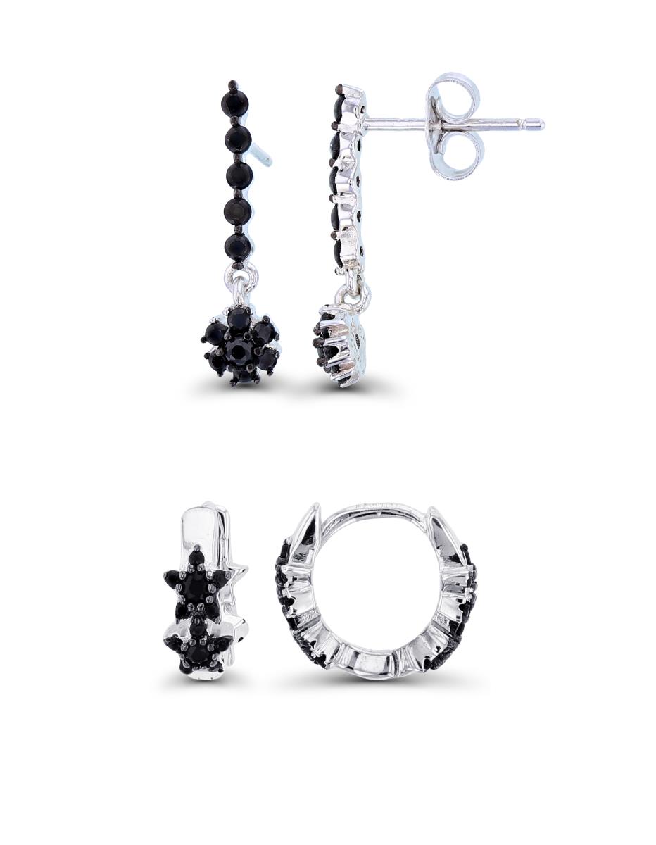 Sterling Silver Two-Tone Rd Black Spinel Flower Dangling & Double Star Hoop Earring Set