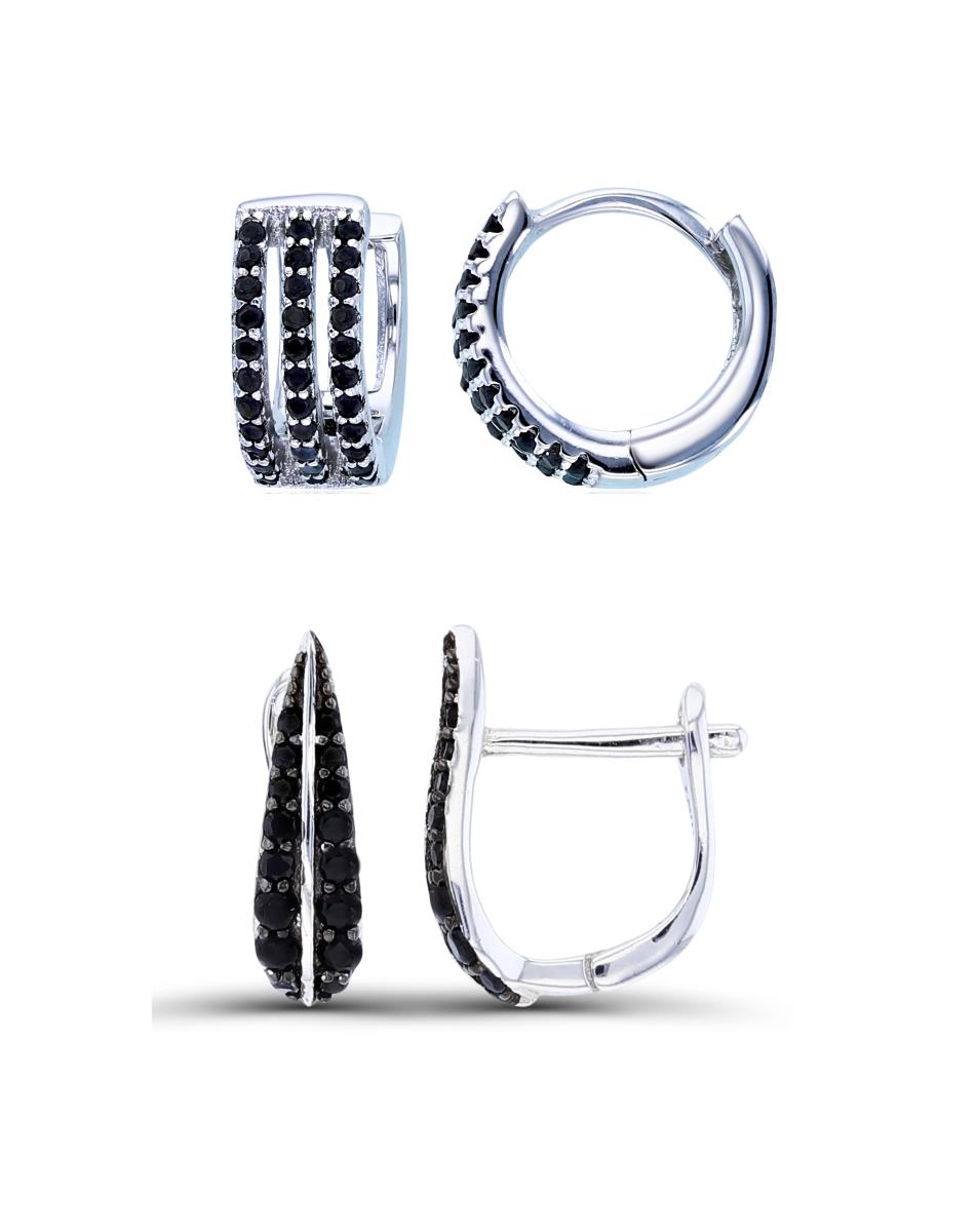 Sterling Silver Rhodium Rnd Black Spinel 3-Rows & Leaf Huggie Earring Set