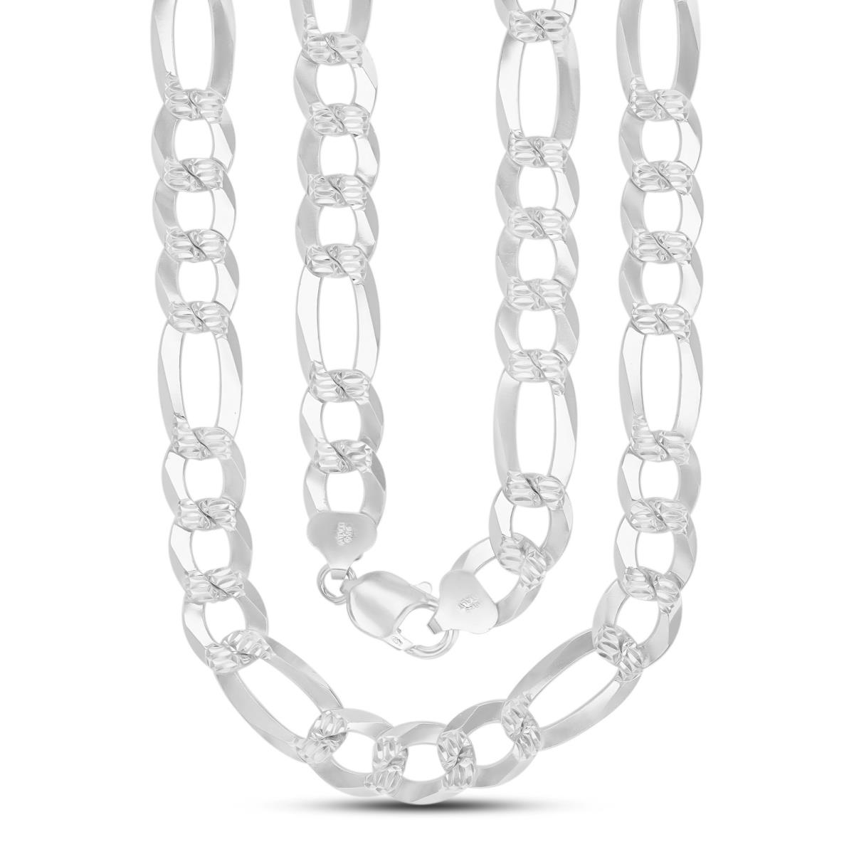 Sterling Silver Rhodium DC 11.50mm 300 Figaro Pave 26" Chain