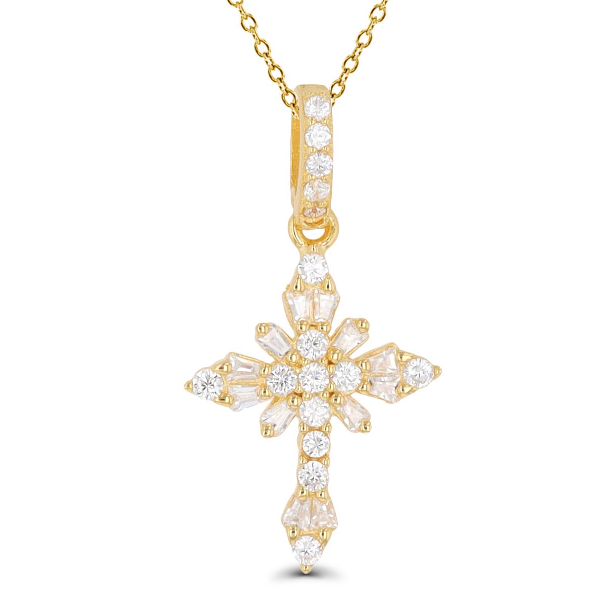 Sterling Silver Yellow Round & Baguette CZ Cross 13"+2" Necklace