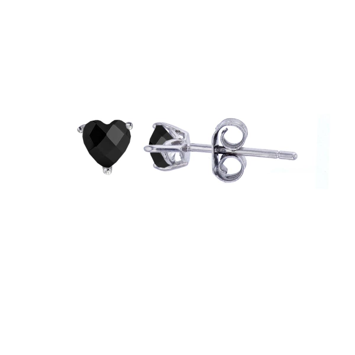 Sterling Silver Rhodium 4x4mm Black Spinel Heart Solitaire Stud