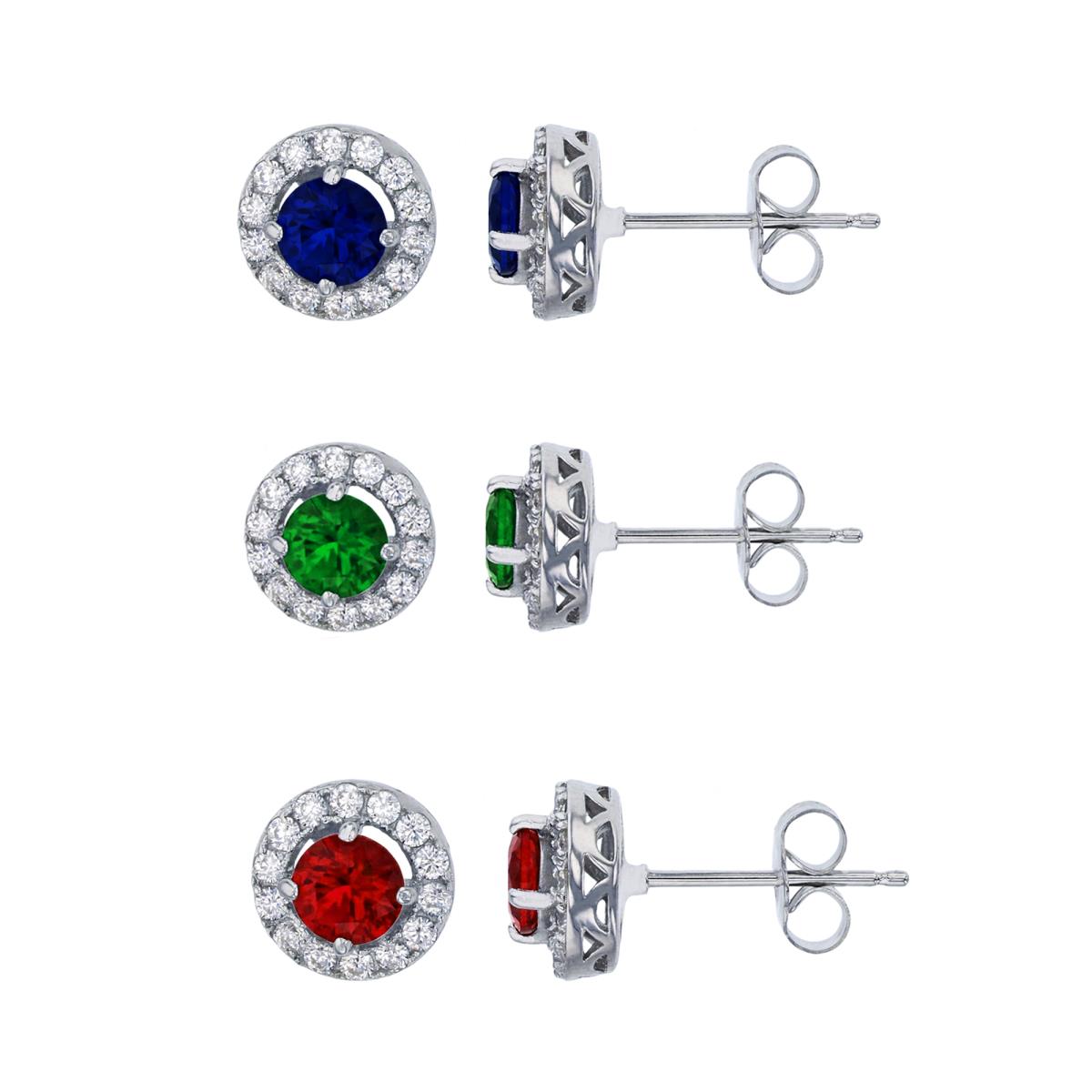 Sterling Silver Rhodium Pave 5mm Rd Ruby, Blue & Green CZ Halo Stud Earring Set