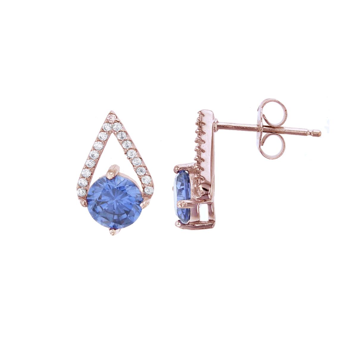 Sterling Silver Rose 1-Micron 6mm Tanzanite Rd Cut & Micropave White CZ Open Triangle Stud Earring