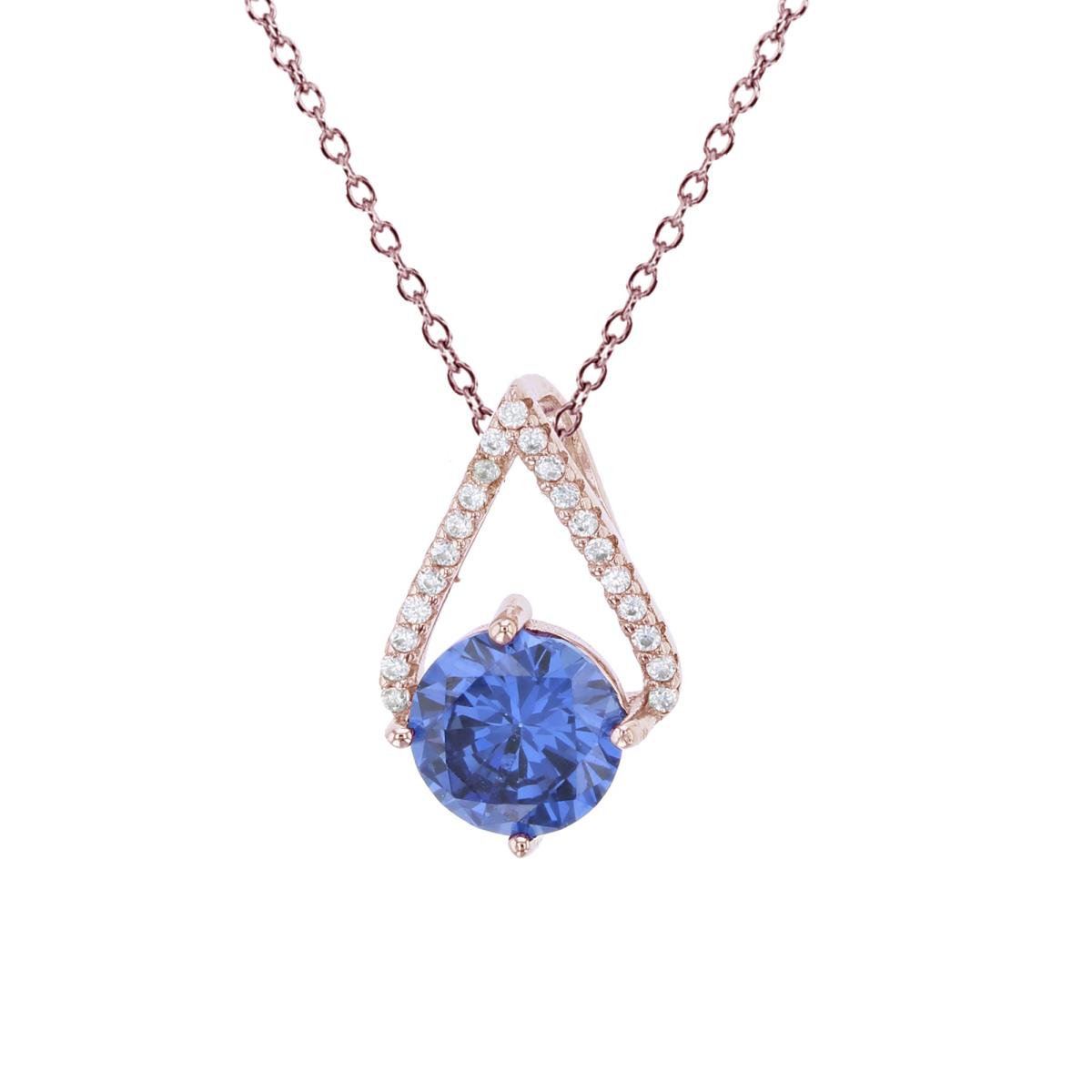 Sterling Silver Rose 1-Micron 8mm Tanzanite Rd Cut & Micropave White CZ Open Triangle Pendant