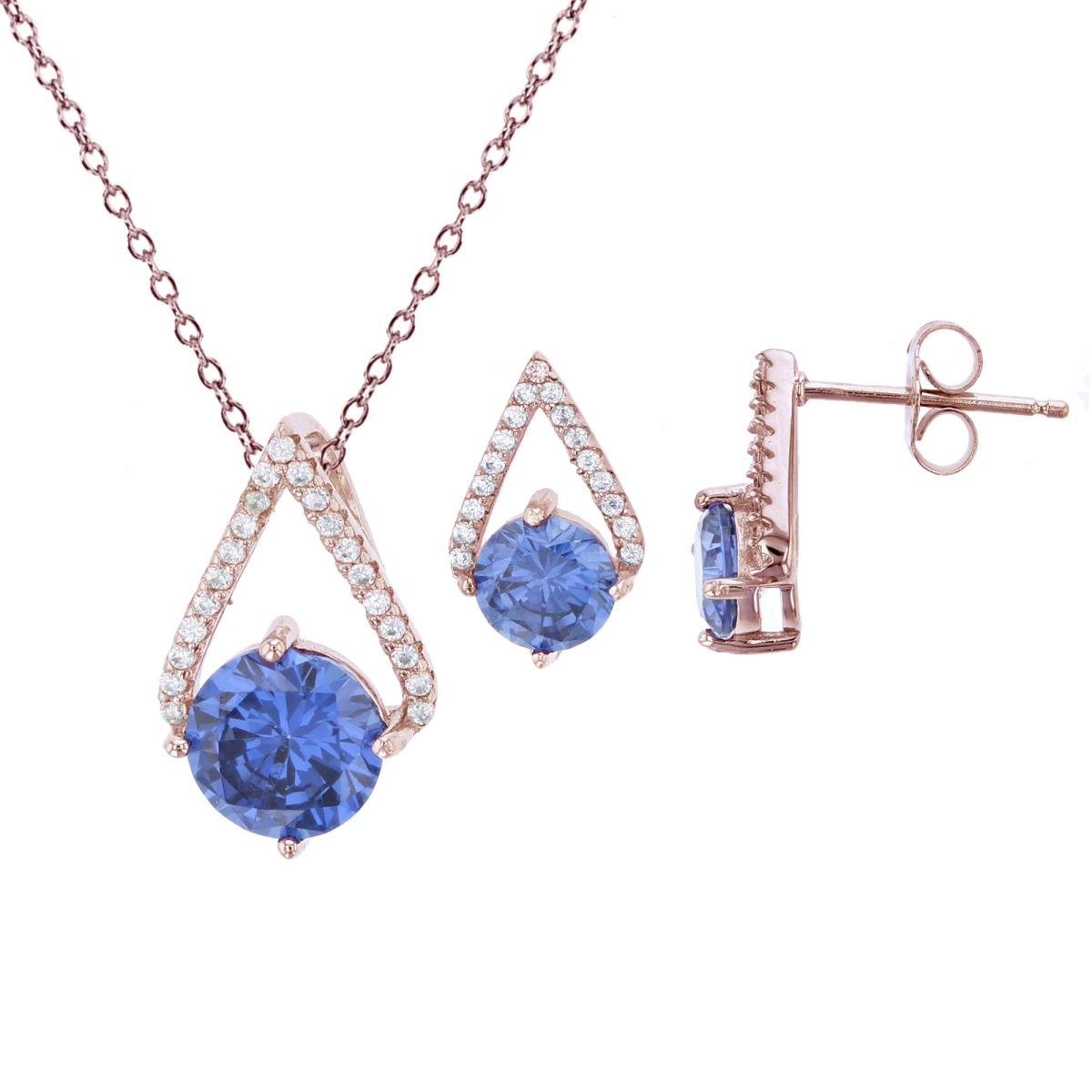 Sterling Silver Rose 8mm Tanzanite Rd Cut & Micropave CZ Open Triangle 18" Necklace & Earring Set