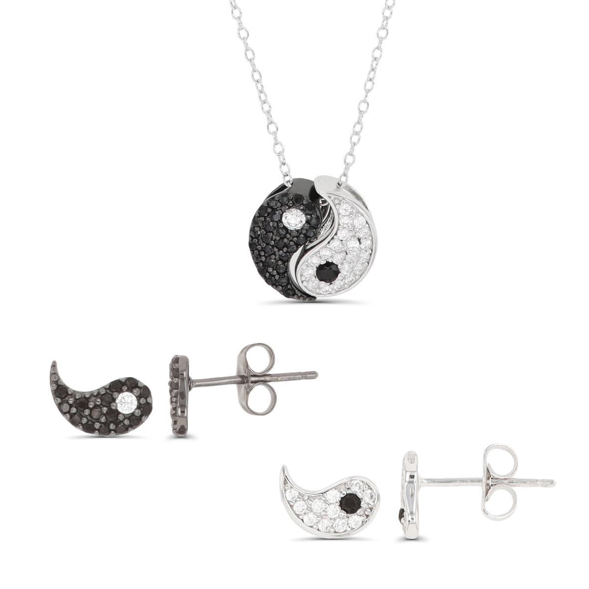 Sterling Silver Black & Rhodium White/Black CZ Ying Yang 16"+2" Necklace & Earring Set