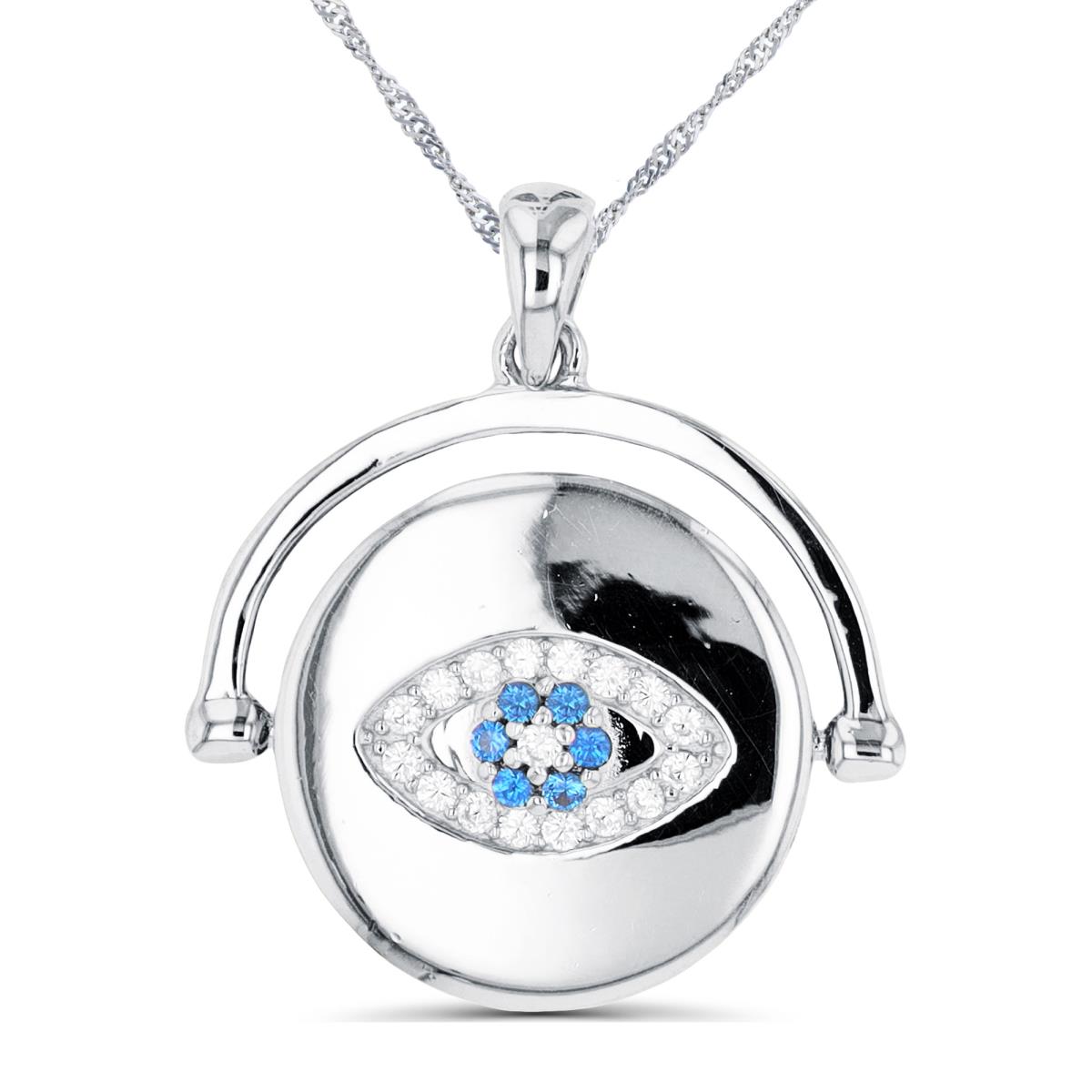 Sterling Silver Rhodium #113 Blue Spinel/White CZ Evil Eye Circle 18"+2" Singapore Necklace